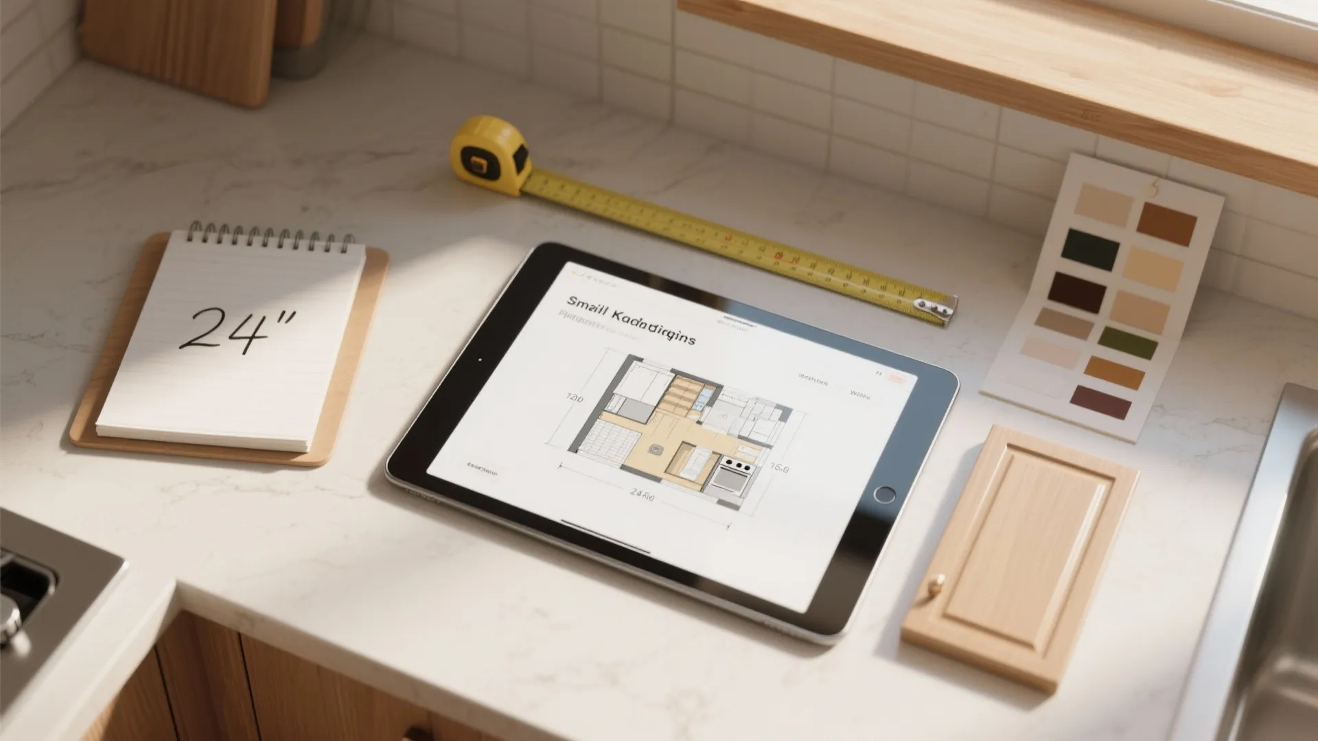 Tablet displaying kitchen floor plan layout with tape measure notepad color palette and cabinet door