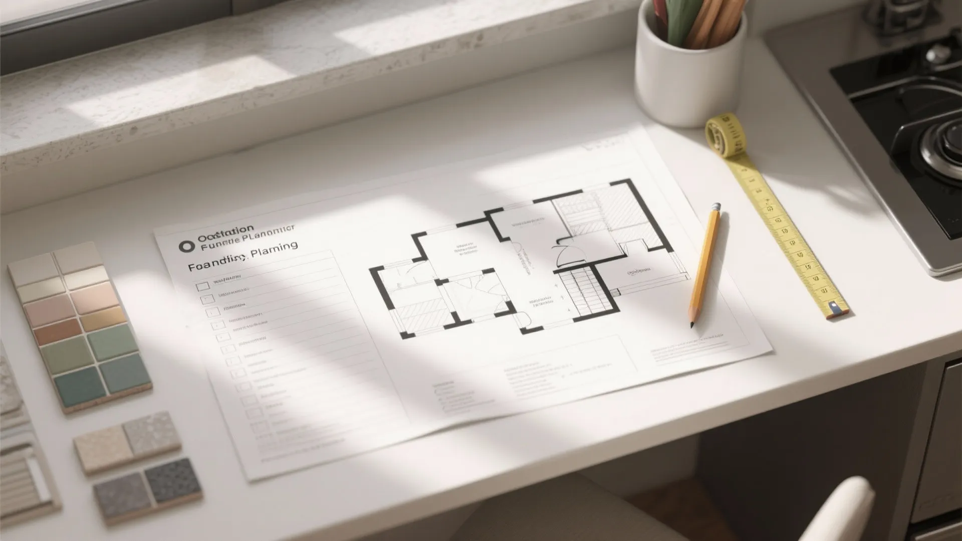 House floor plan drawing on white desk with pencil measuring tape and colorful tile samples