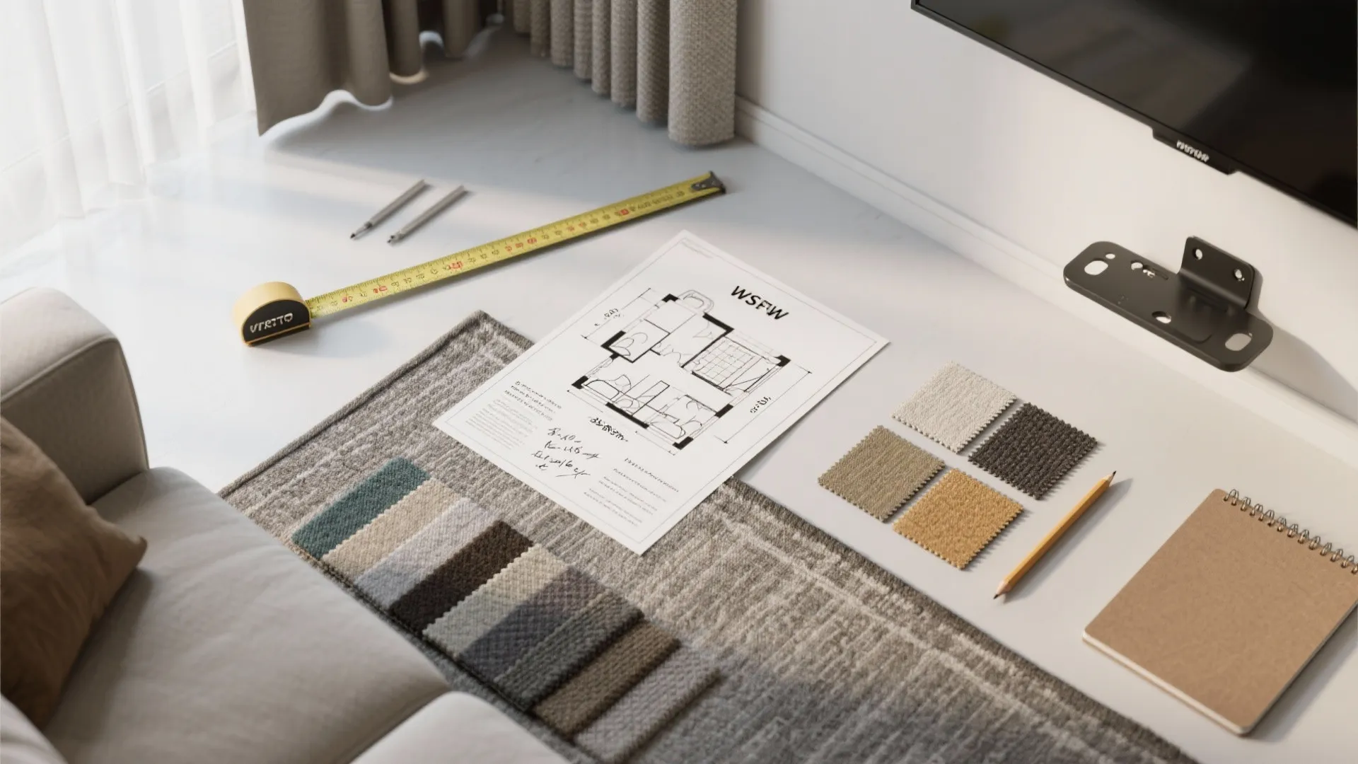 Interior design planning scene with paper floor plan measuring tape fabric samples pencil and notebook