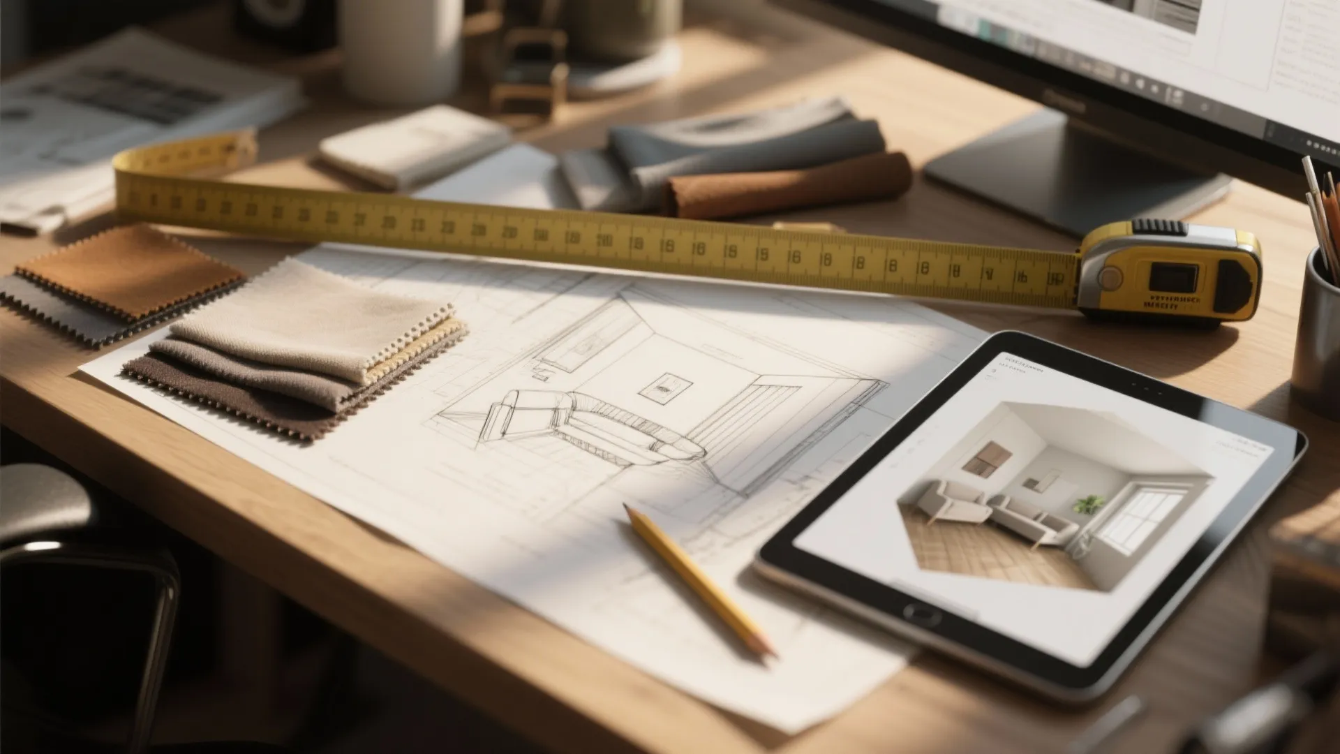 Close-up of a planning desk with measuring tape, fabric swatches, and a room sketch next to a tablet mockup.