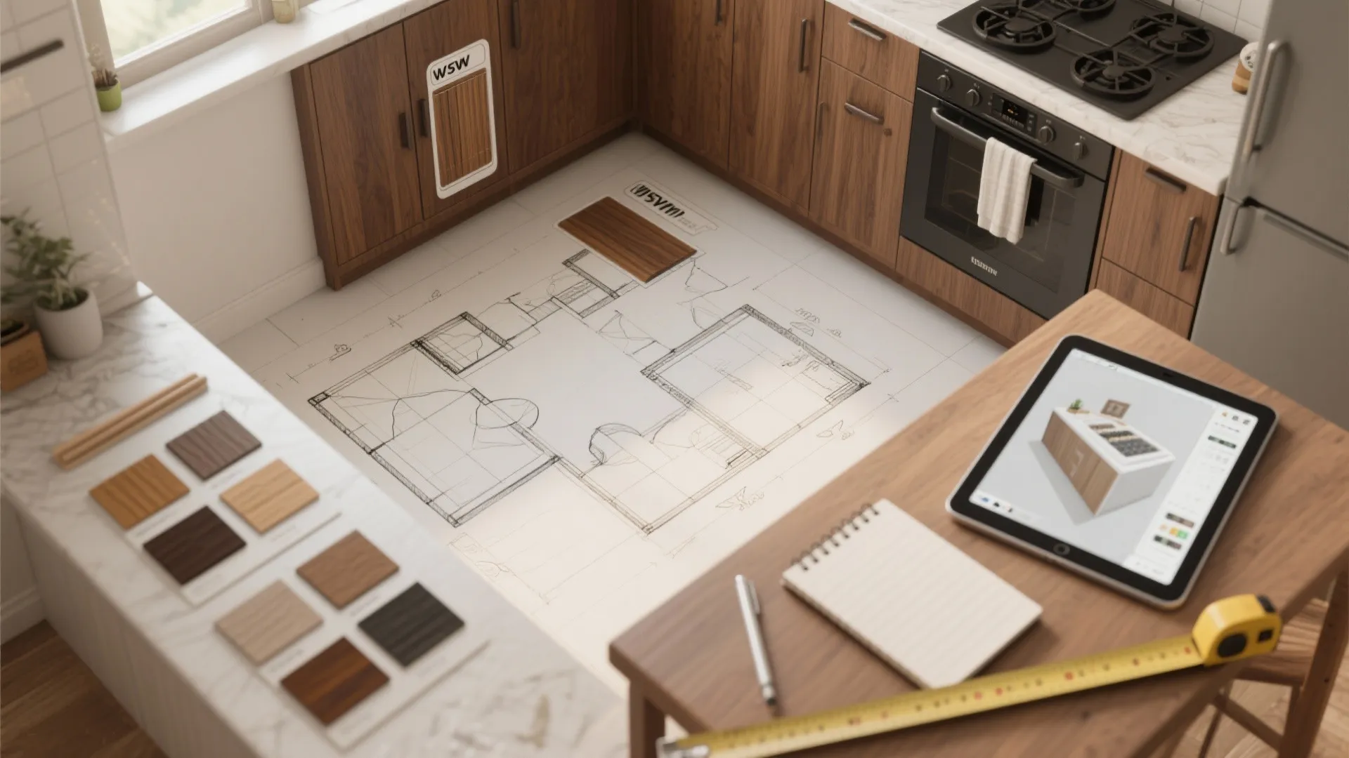 Top-down planning scene with floor plan sketch, walnut swatches, and a tablet showing a 3D kitchen view.