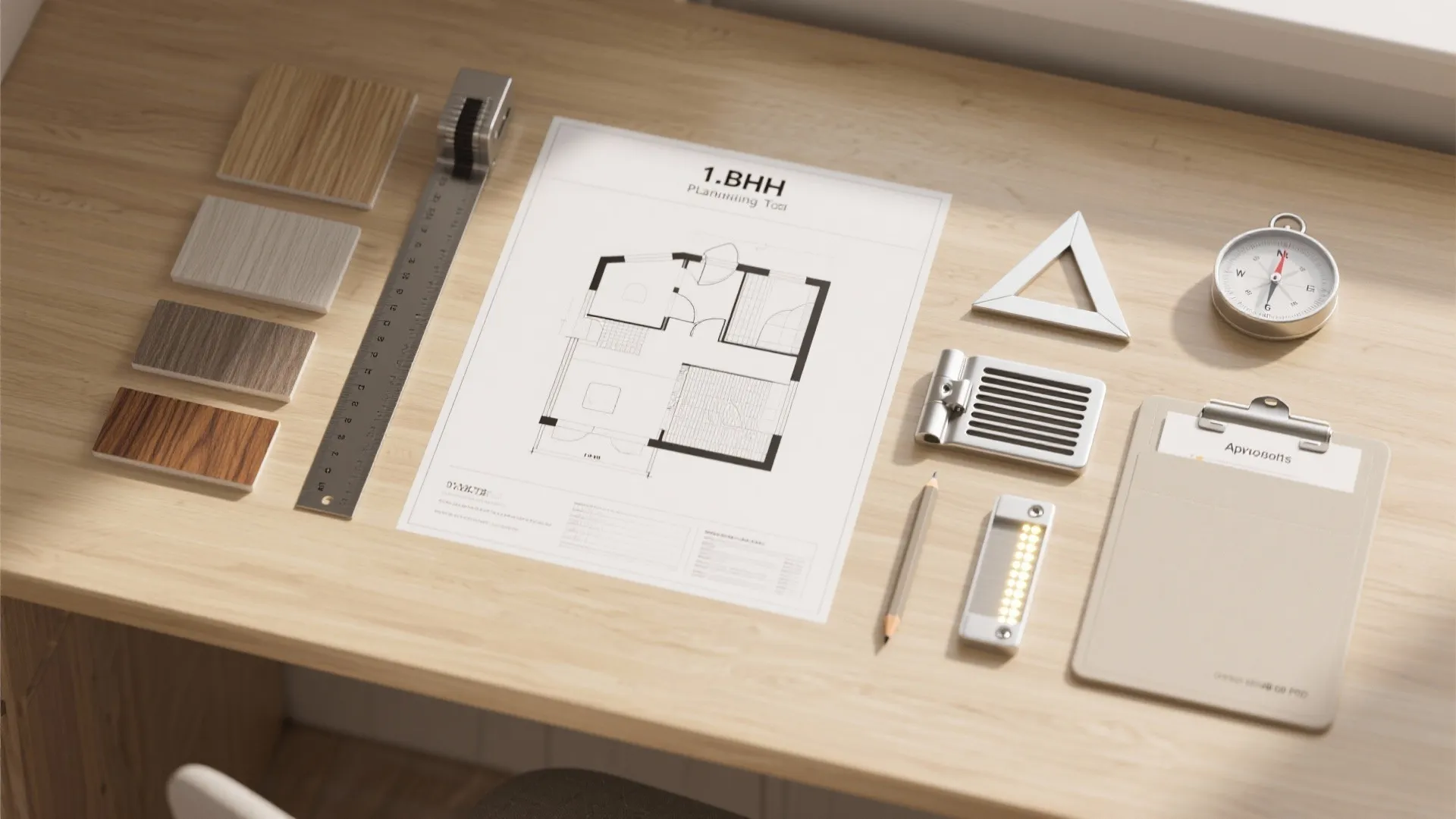 Floor plan on desk with wood samples ruler pencil and clipboard for professional interior design projects
