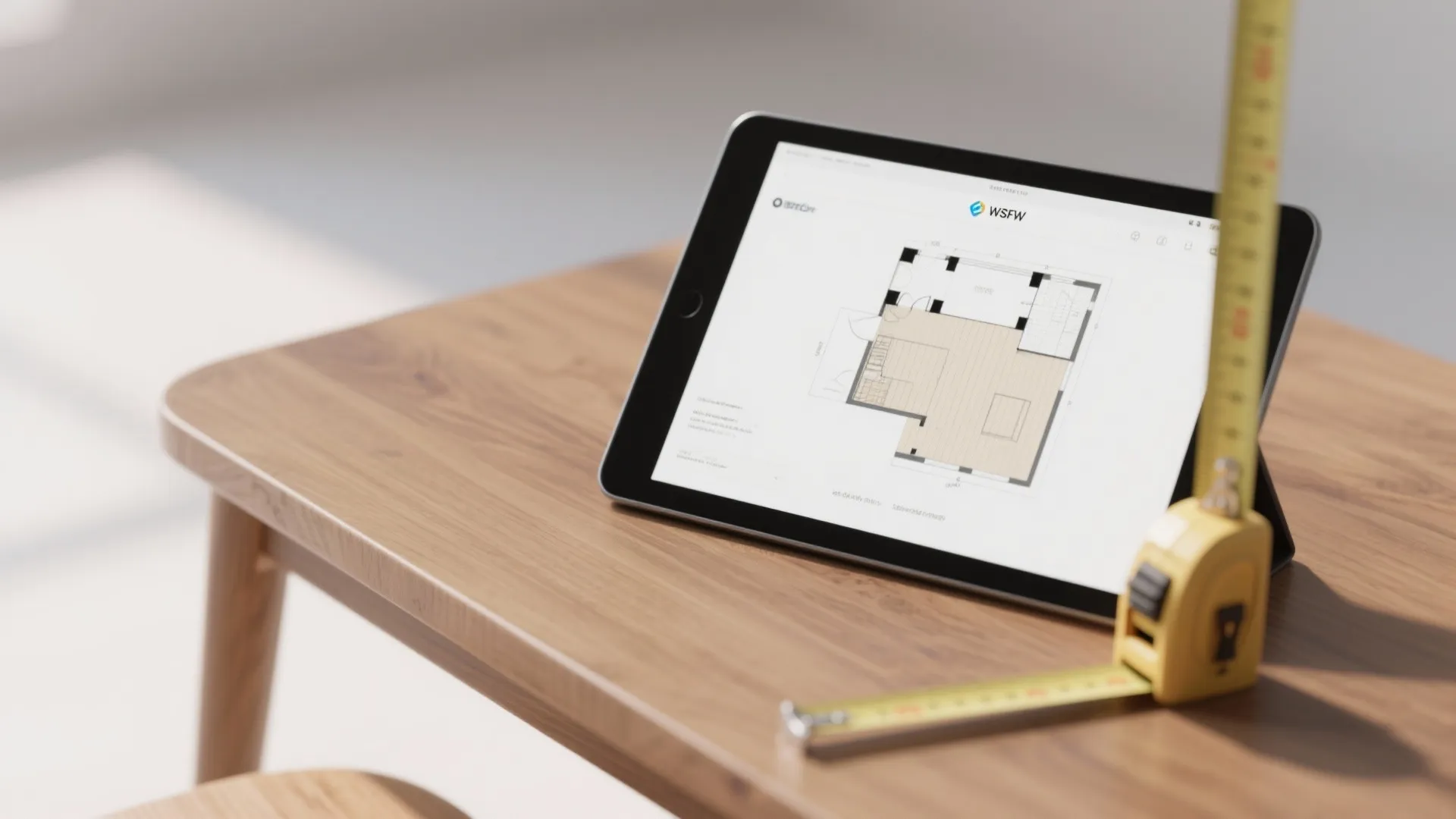 Digital tablet showing a house floor plan layout sitting on wooden table with measuring tape
