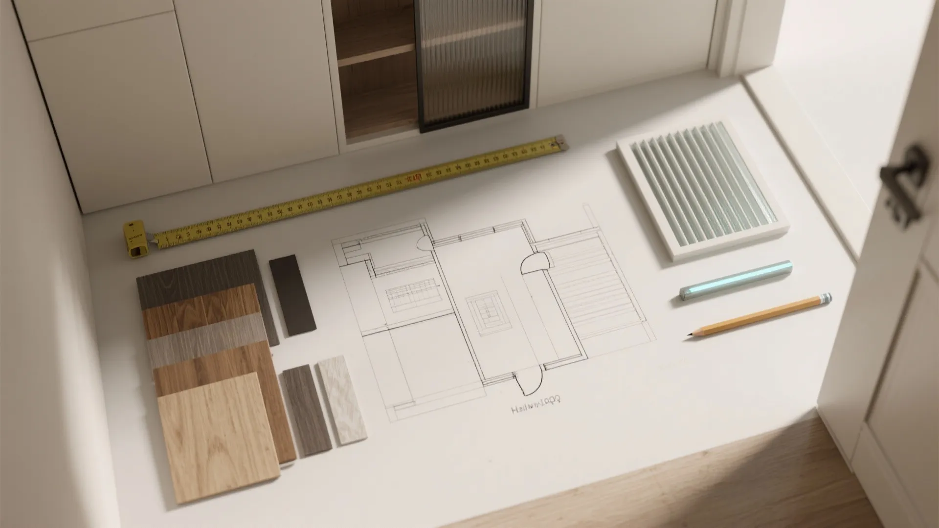 Interior design drawing on floor with measuring tape pencil wood samples and white wall cabinet
