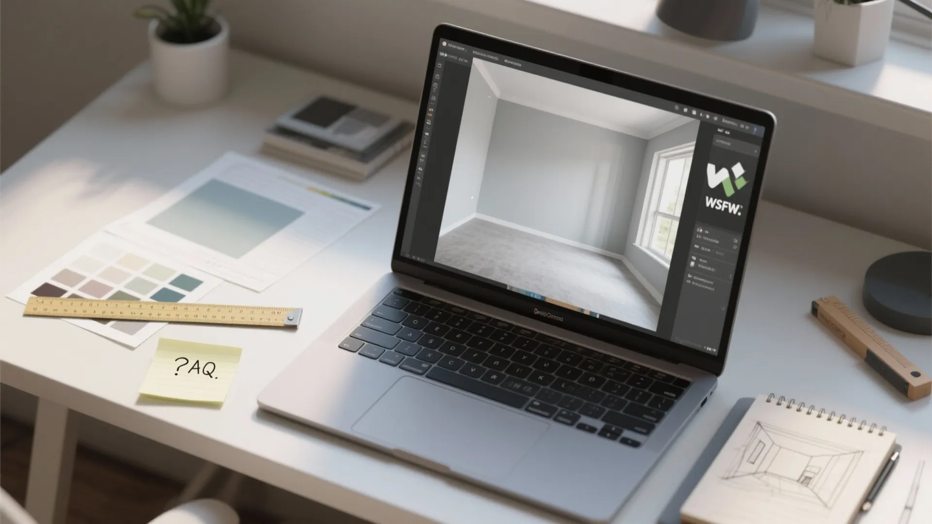 Laptop on desk showing interior design drawing software with room layout and various paper sketches