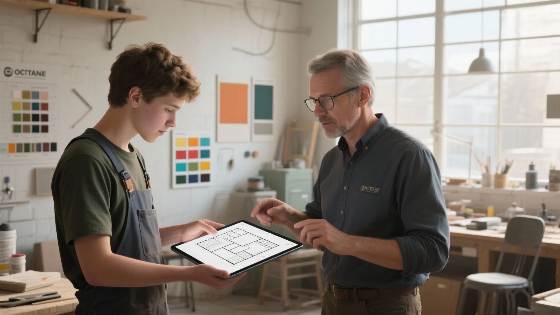 Two men in workshop looking at a room layout design on a mobile tablet device