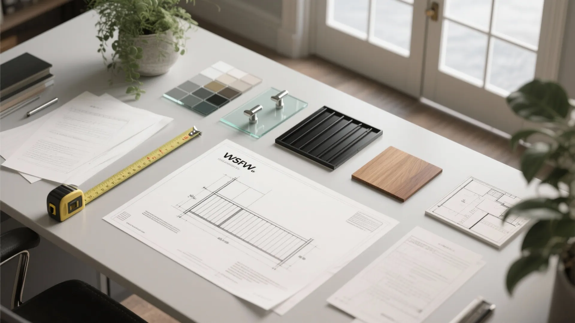 Desk with interior design drawing tape measure wood sample color palette plant and various documents