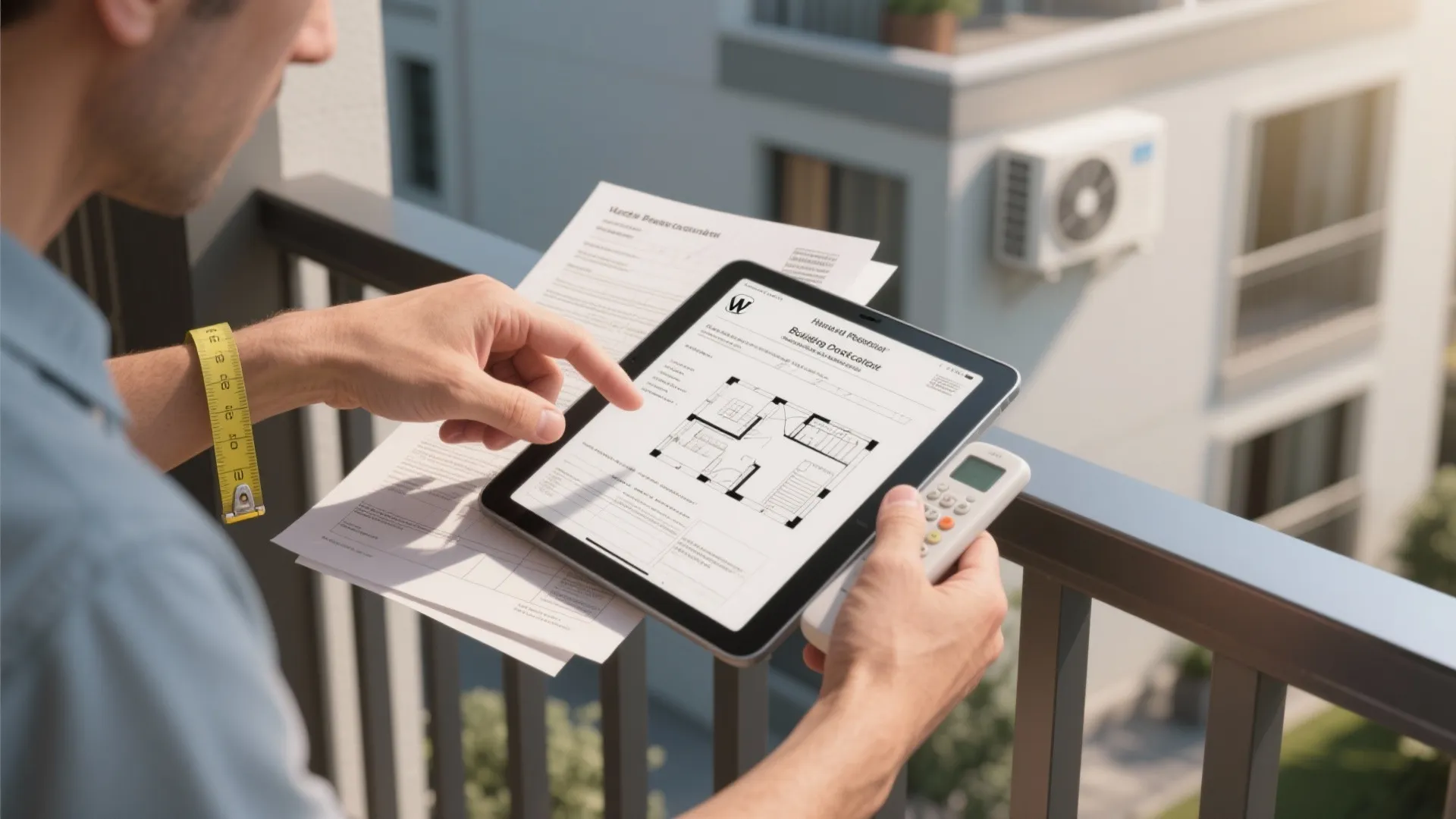 Homeowner checking permits and floor-planning tools on a balcony while planning a conversion.