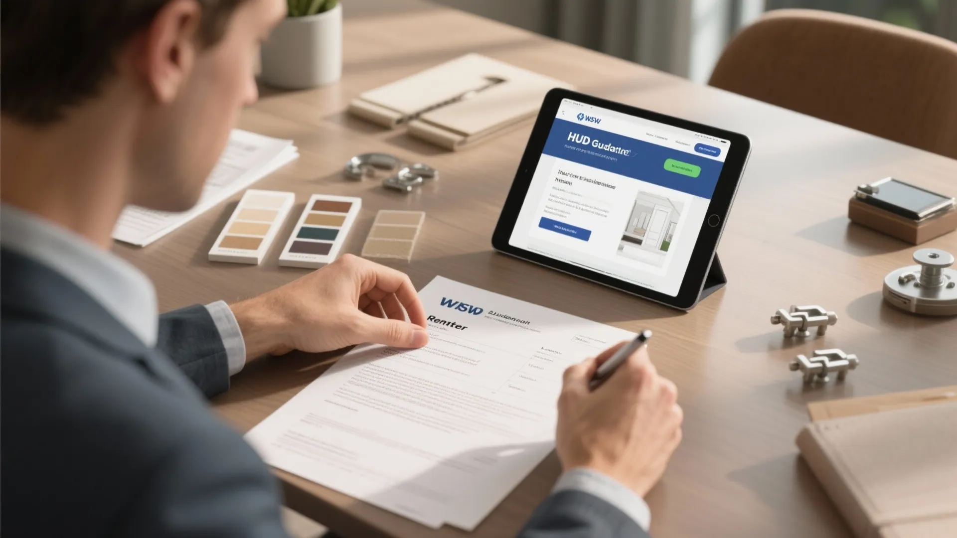 Renter reviewing lease and HUD guidance with swatches and planner on a tablet.