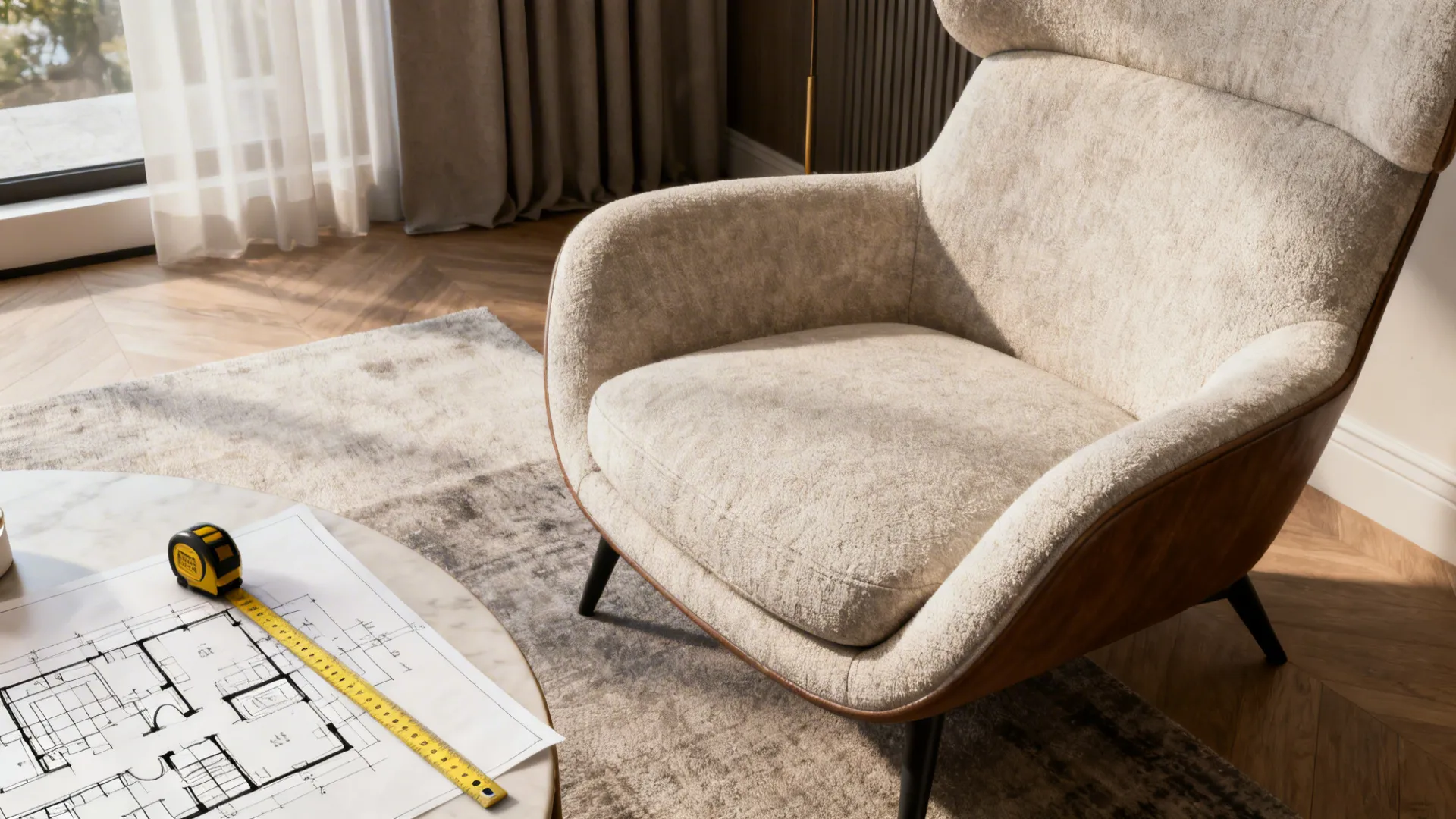 Oversized chair beside a table with a floorplan sketch and measuring tape, signifying careful planning.