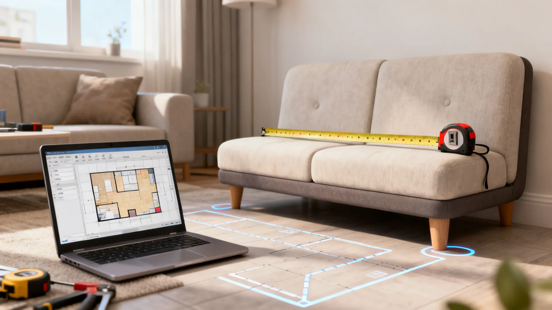 Small living room staged with measuring tape and a laptop open to a room planner for sofa placement