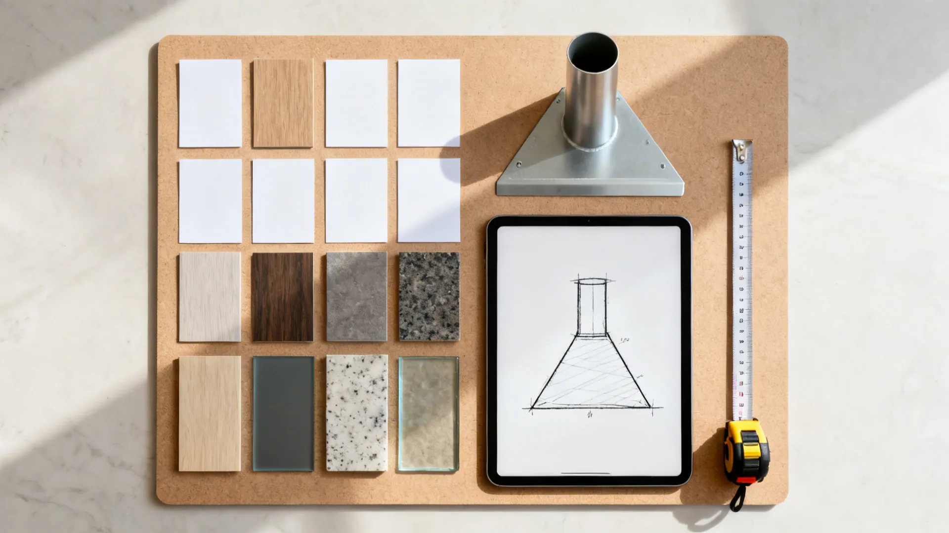 Top-down board with samples, a tablet sketch of a work triangle, and a baffle filter.