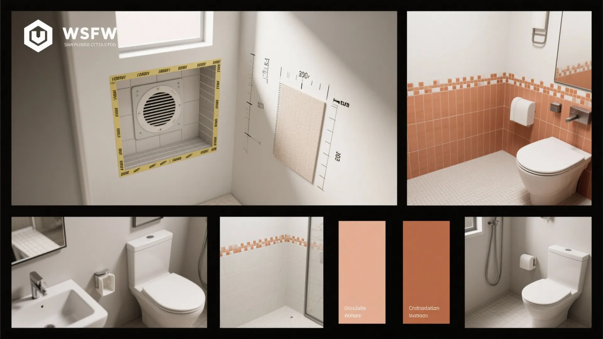 Interior design drawing collage showing bathroom renovation plans with orange wall tiles and white toilet seat