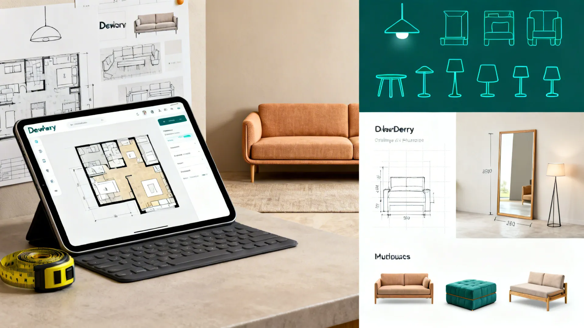 Collage showing online room planner, measurements, and small living room planning elements.