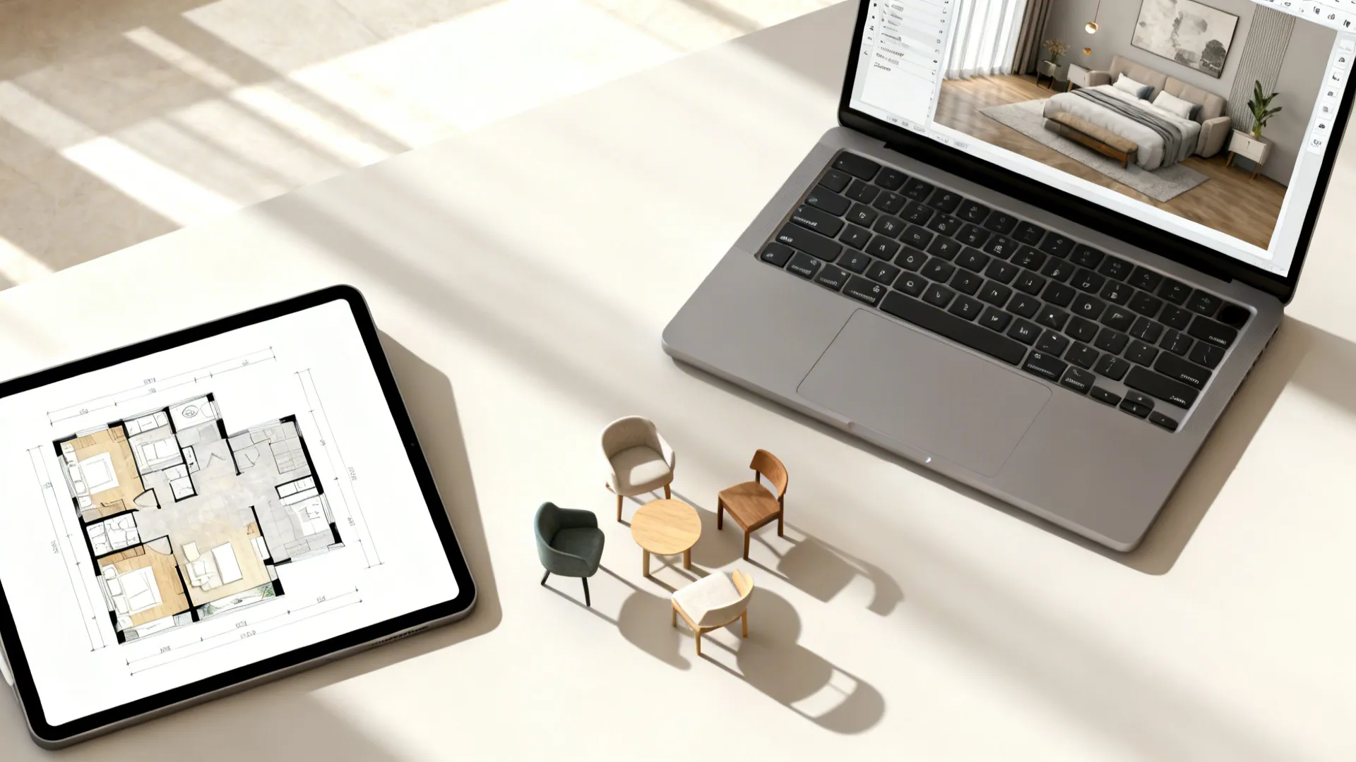 Collage showing floor plan tools, 3D planner screens, and sample furniture for studio planning.