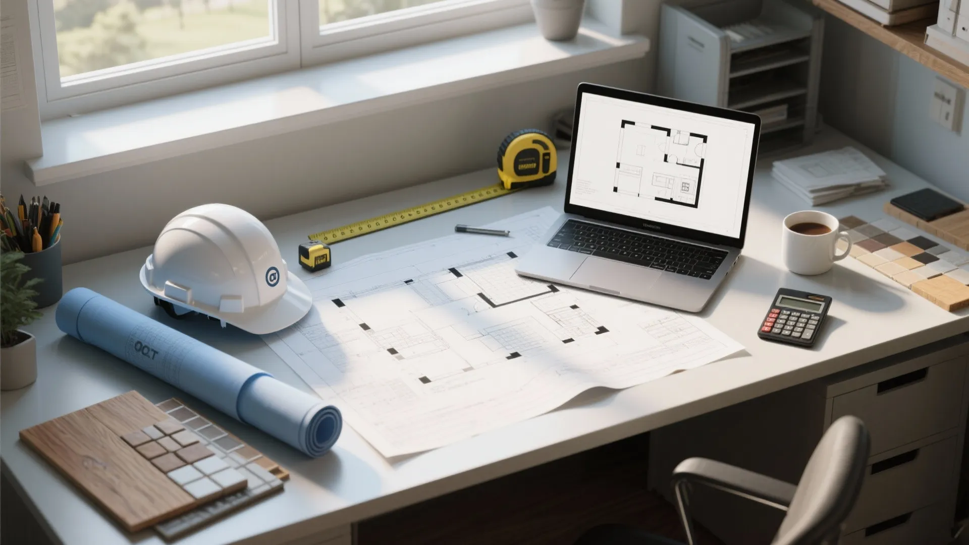 Desk with laptop showing floor plan white hard hat tape measure and interior design drawing