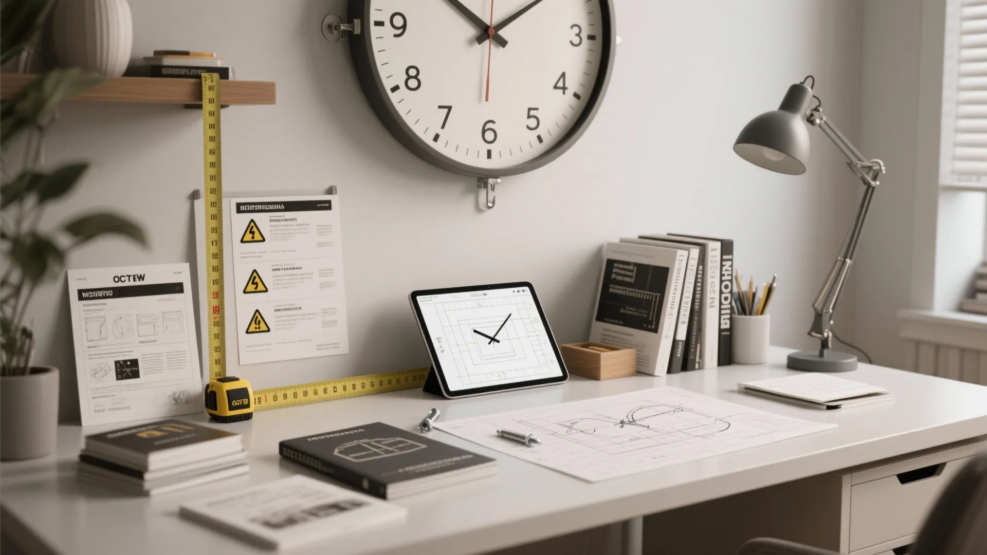 Designer desk with measuring tools, catalogs and a tablet showing mounting diagrams for large clocks.