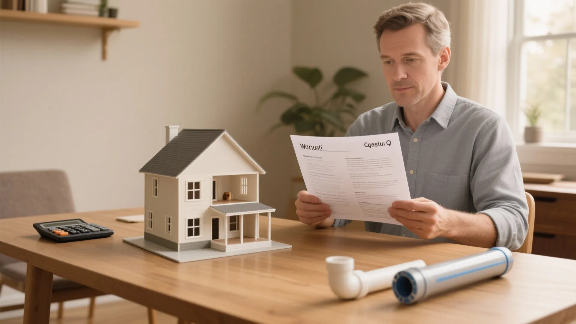 Homeowner reading plumbing FAQ with house model, calculator, and PEX sample on a desk.