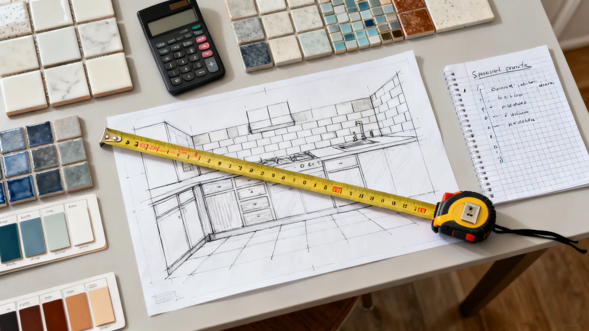 Top-down view of a designer’s desk with tile samples, grout cards, tape measure, and sketches.