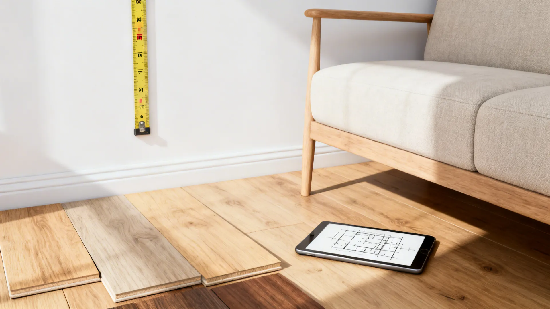 Planning tools, floor samples, and measurements for small living room layout decisions