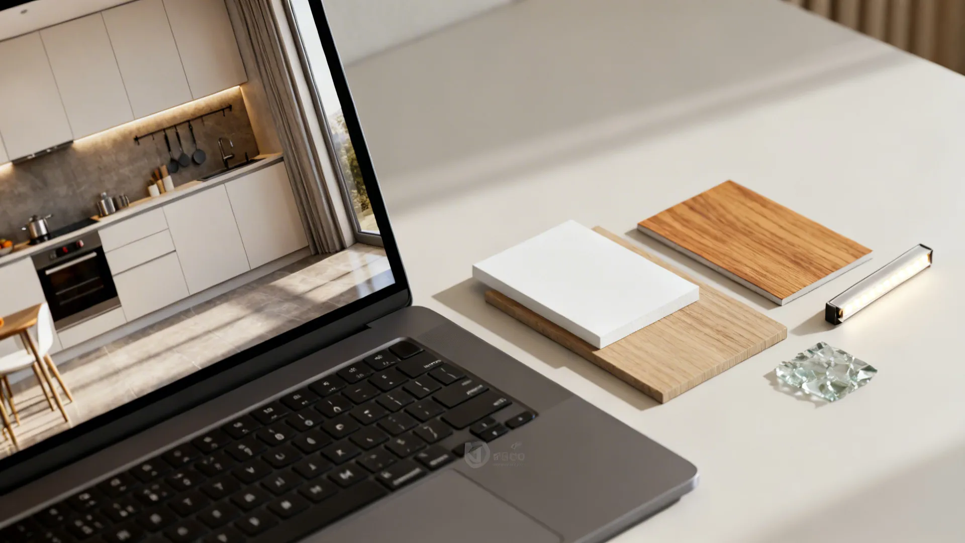 Laptop displaying kitchen interior design drawing next to wood material samples on a white desk surface