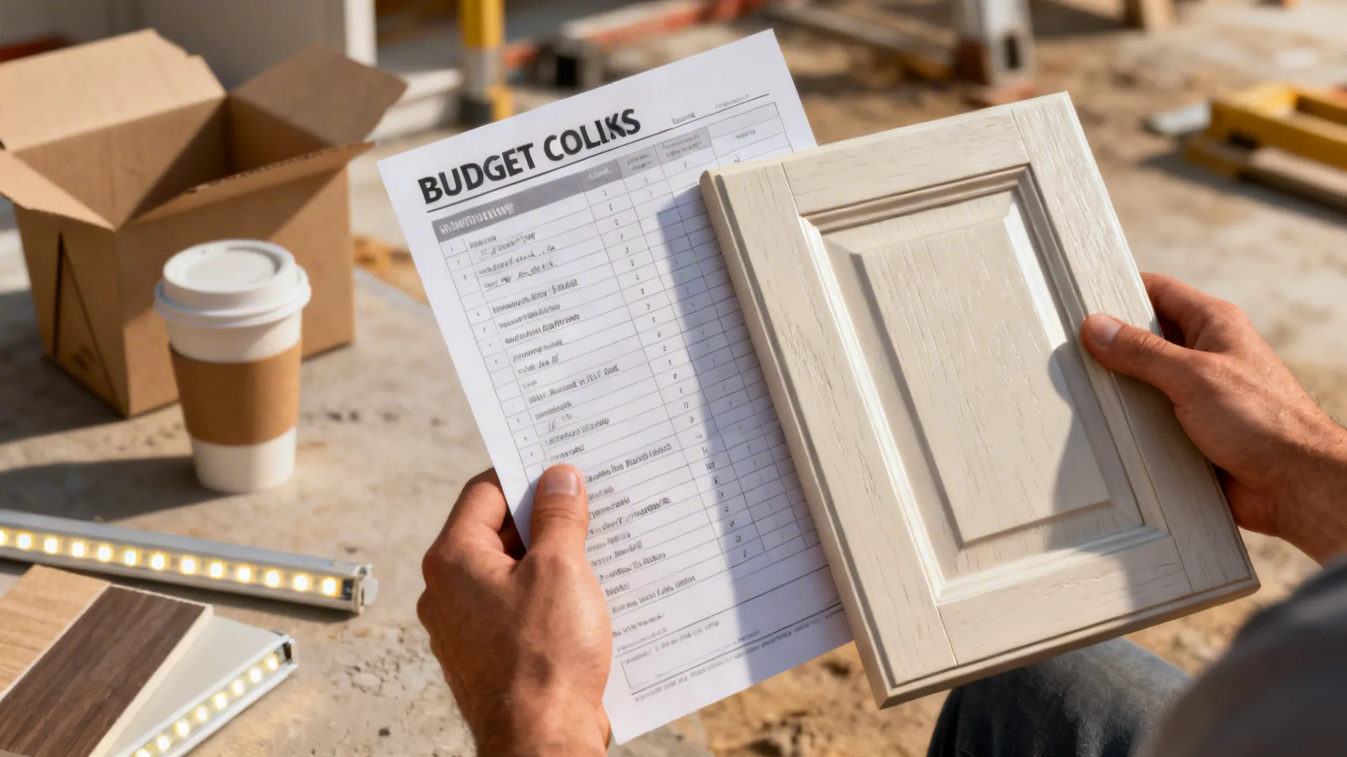 Hands holding a budget checklist and cabinet sample with takeout box in the background, referencing renovation planning.
