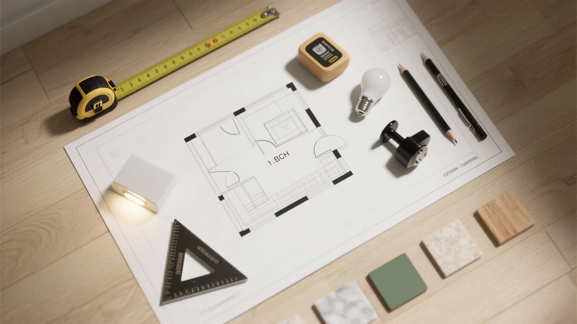 House floor plan drawing on table with measuring tape pencils light bulb and material samples