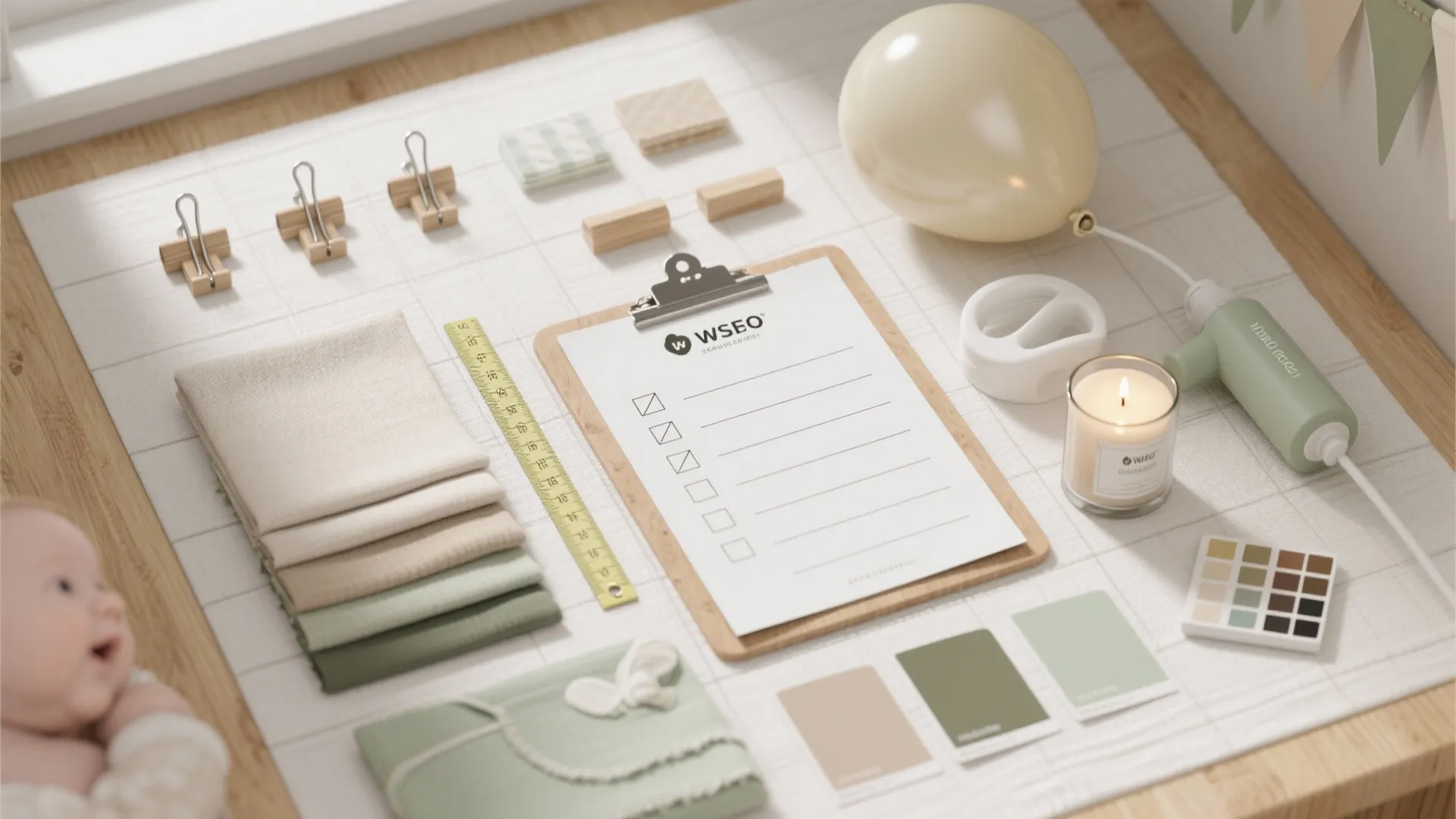 Clipboard with checklist on wooden table with fabric samples a yellow balloon and small candle