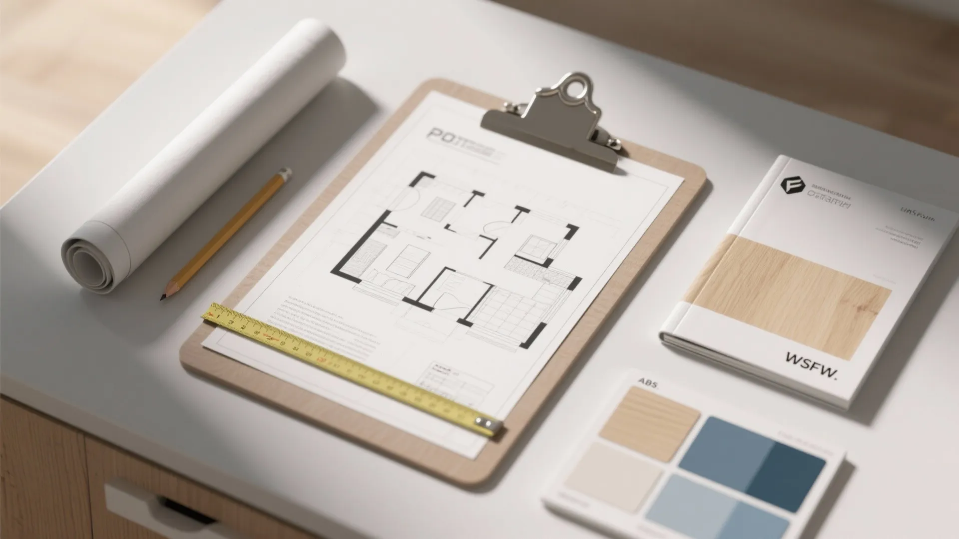 Flat lay of planning tools and neutral materials for small-home design, including plans, tape, and sample boards.