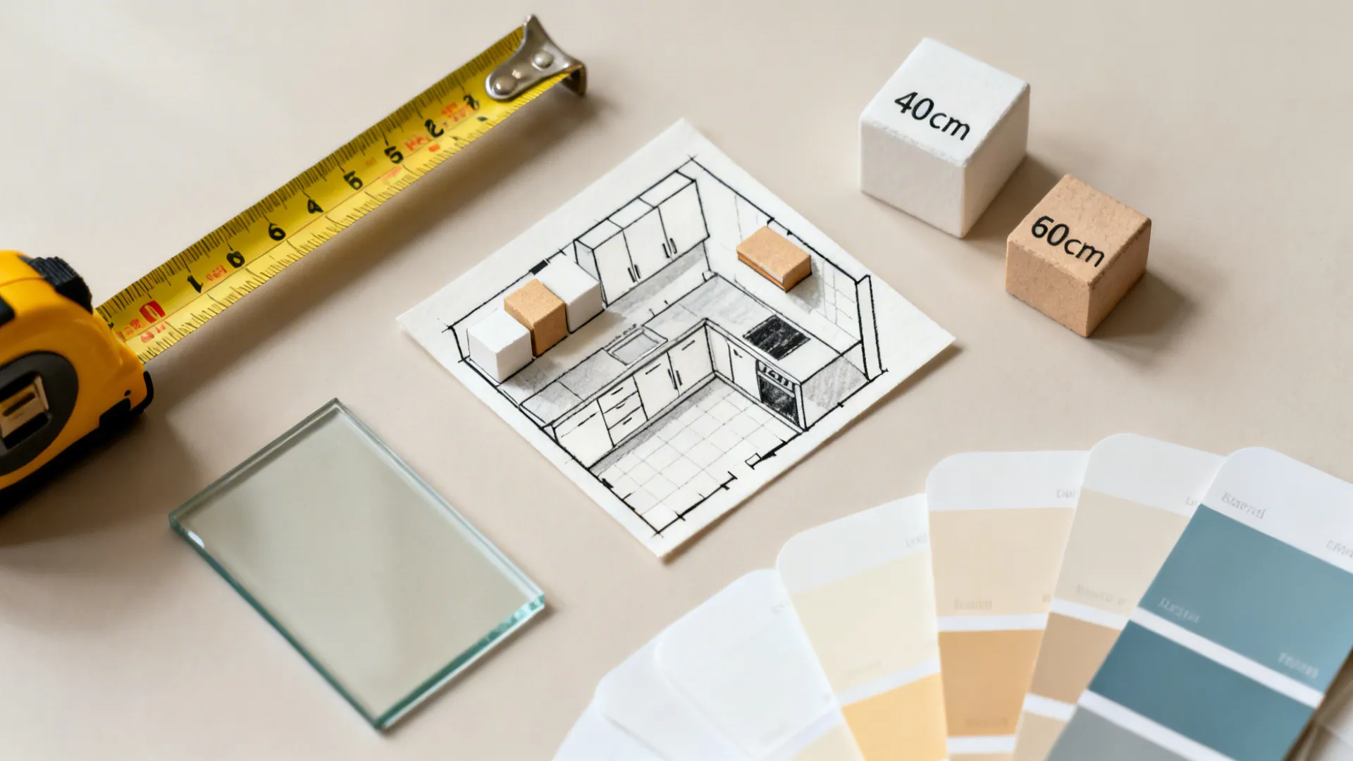 Flat lay with tape measure, plan blocks, small glass panel, and neutral color swatches.