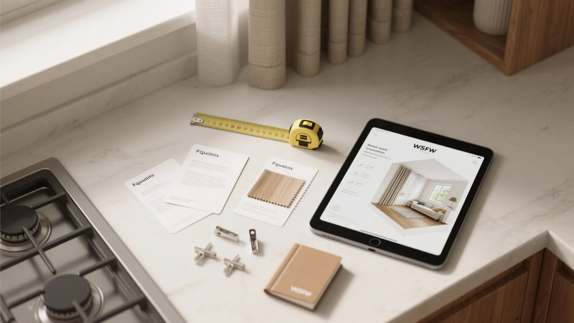 Interior design tools including a tablet showing room rendering yellow measuring tape and fabric samples