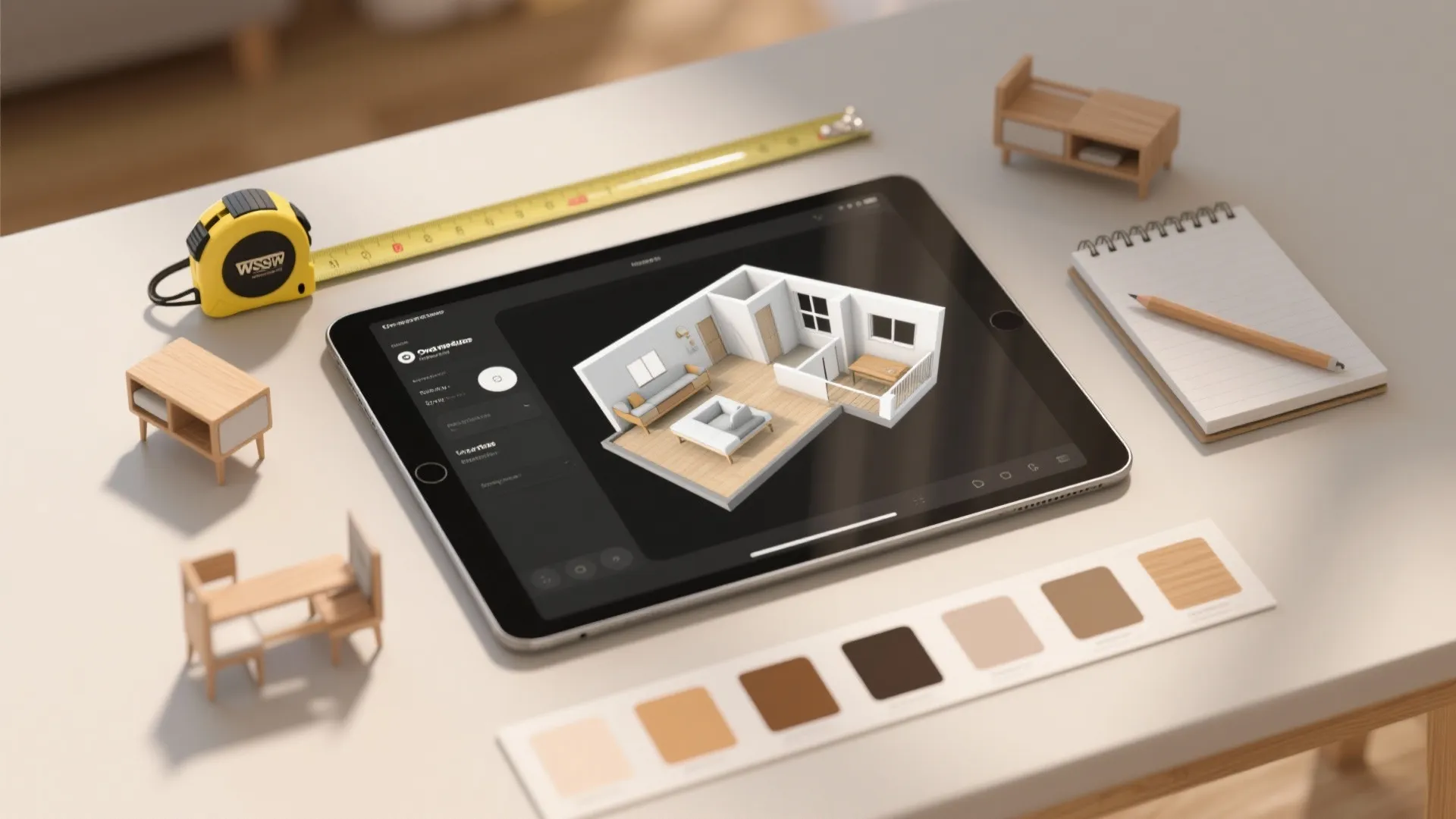 Tablet displaying 3D interior design drawing surrounded by tape measure notebook and wood color samples