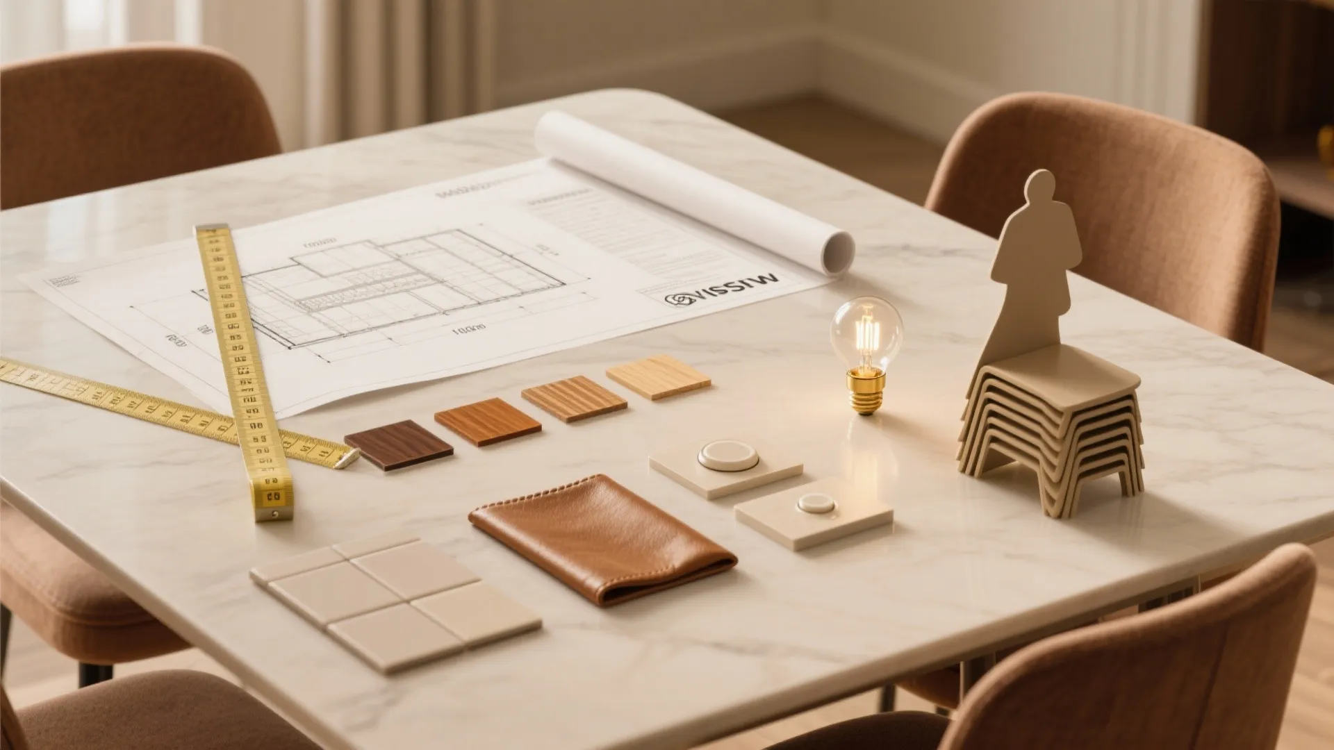 Flatlay with planning tape, warm material swatches, dimmer, and chair silhouette for dining room design.