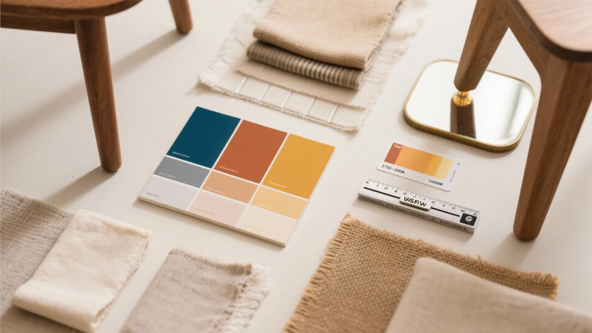 Flatlay of interior design materials including color palette cards fabric samples wooden stool and ruler