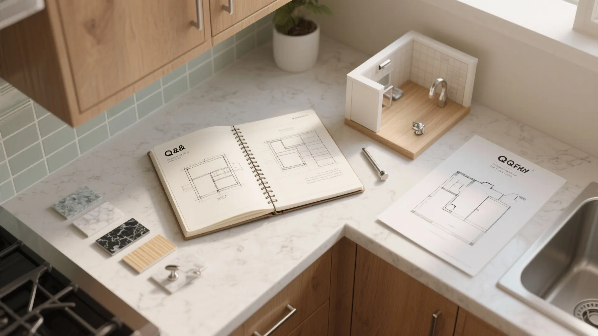 Kitchen countertop with notebook showing room layout sketches material samples and a small 3D room model