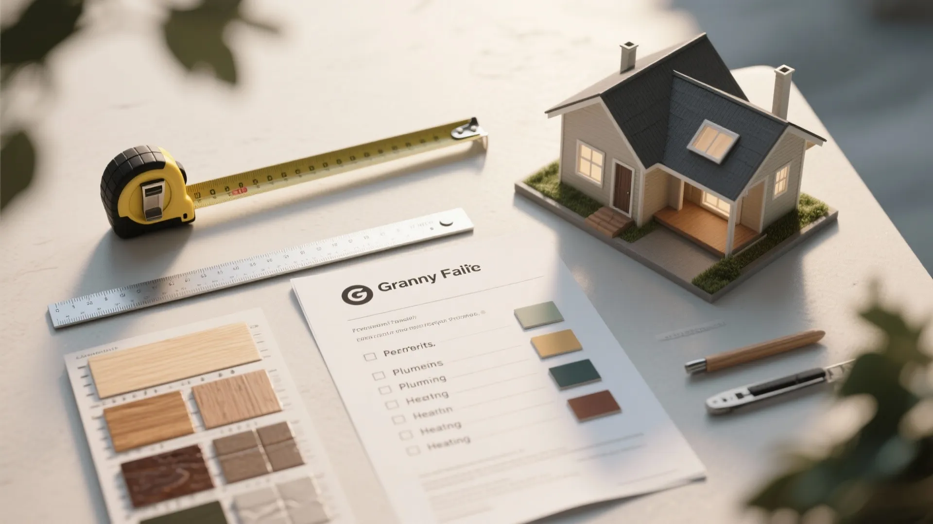 Flatlay of planning tools and material samples for granny flat design and permits.