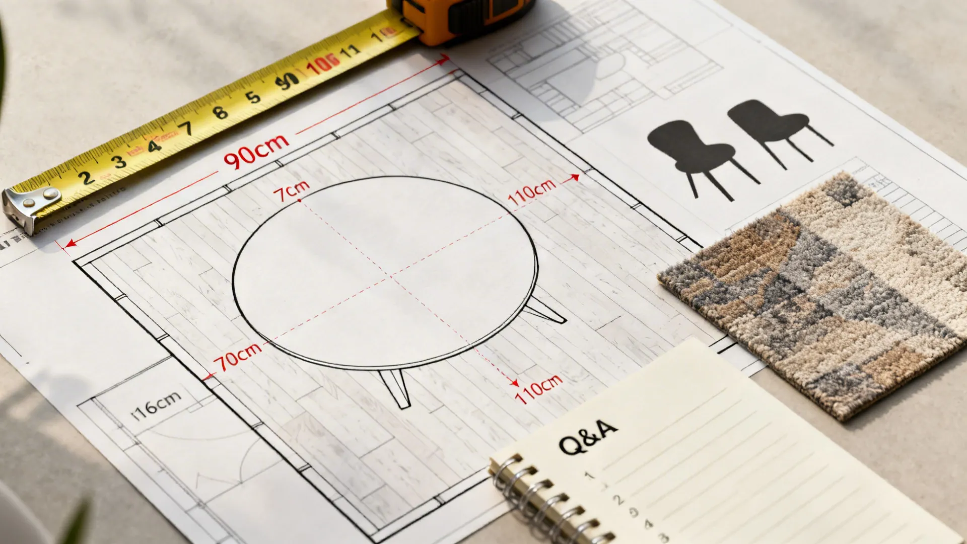 Flatlay of measuring tools and table diameter samples illustrating clearance tips for small round tables