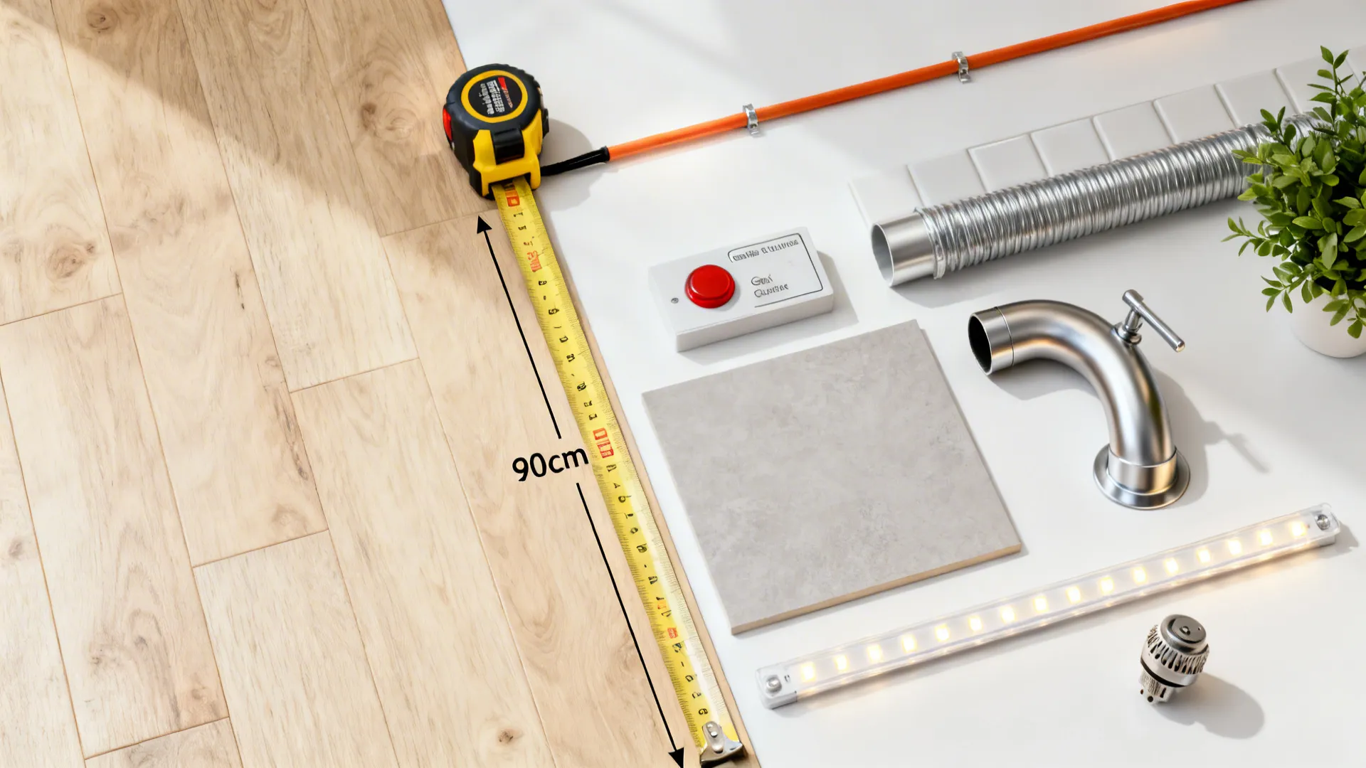 Flat lay of planning tools and materials for a Vastu-aligned compact kitchen with safe clearances.