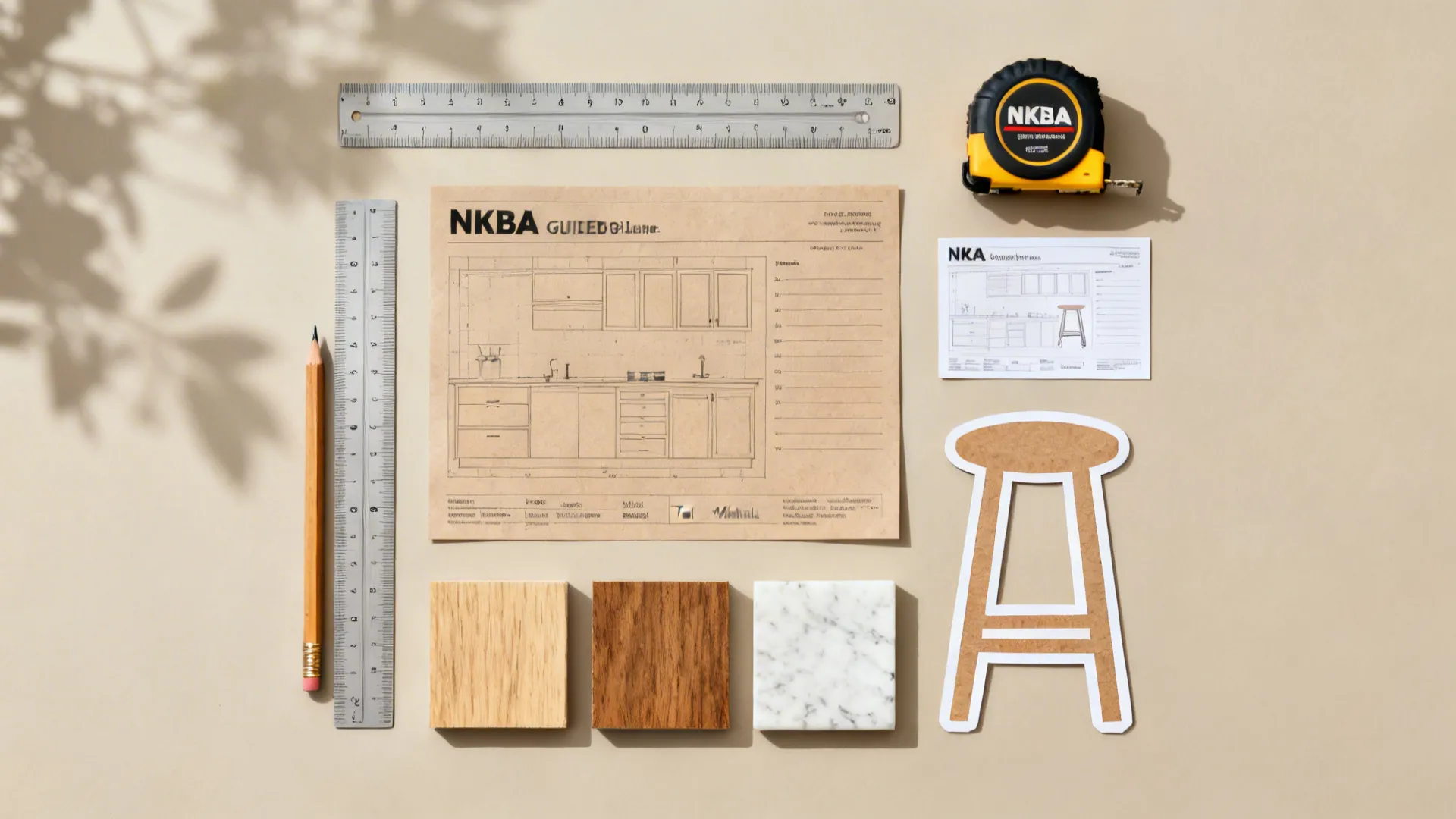 Flat lay of kitchen planning tools with material samples and stool cut-outs for seating layouts.