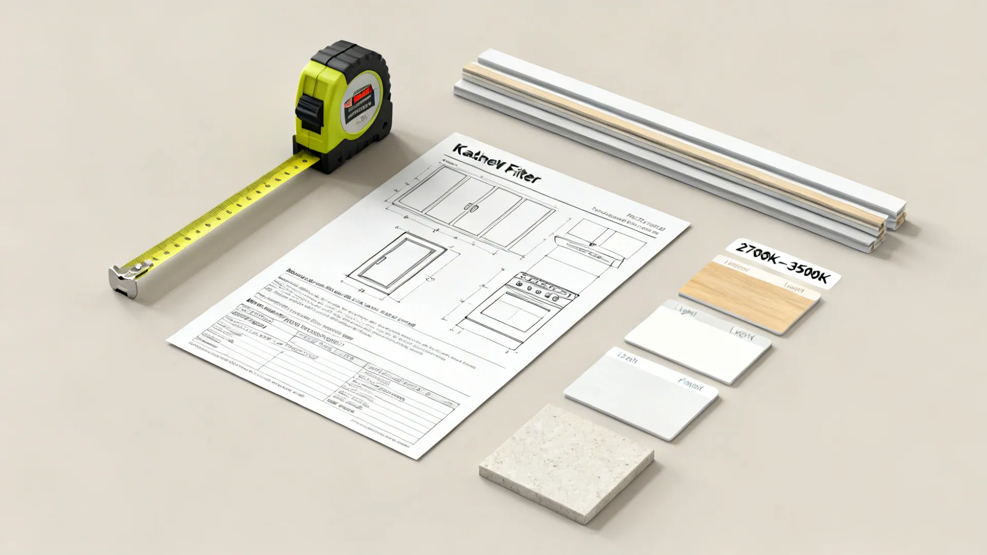 Flat lay of kitchen planning tools with spec sheets, light temperature swatches, and finish samples.