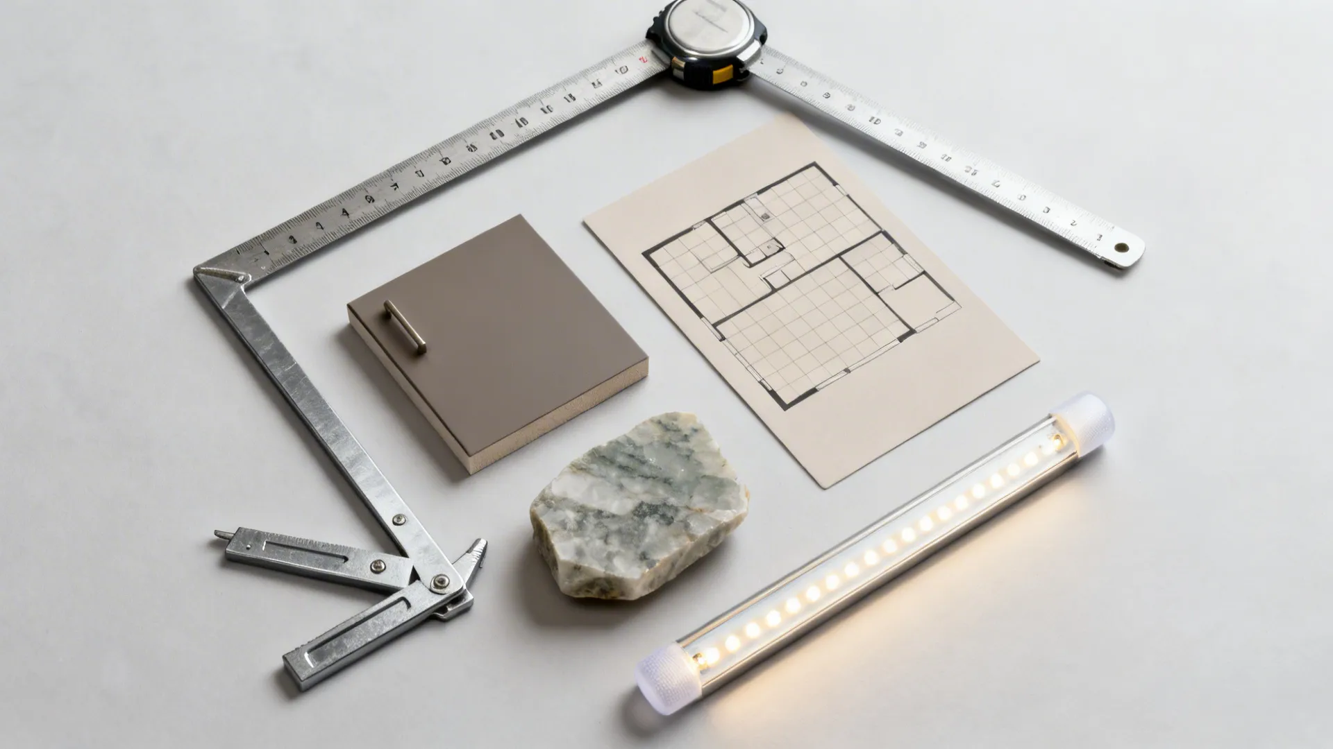 Flat lay with measuring tools, cabinet and quartz samples, LED strip, and a neutral 3D plan card.