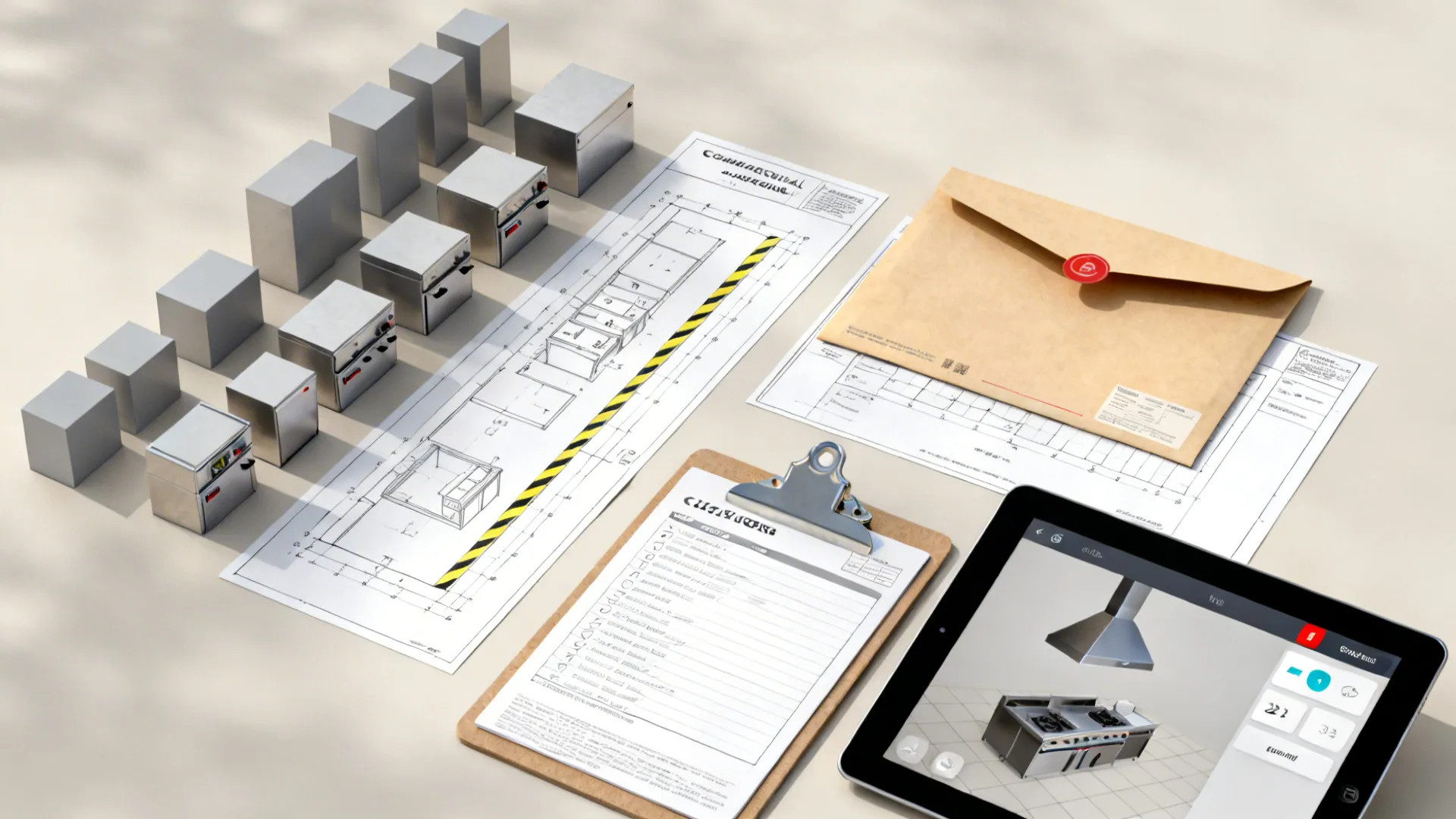 Flatlay of kitchen planning templates, clearance guides, and a tablet with 2D/3D view.