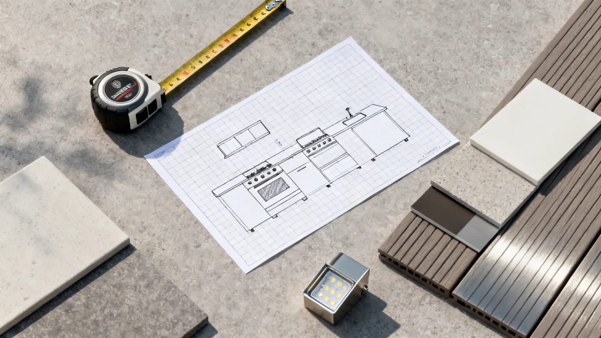 Flat lay of a tape measure, plan sketch, appliance footprints, and outdoor material samples.