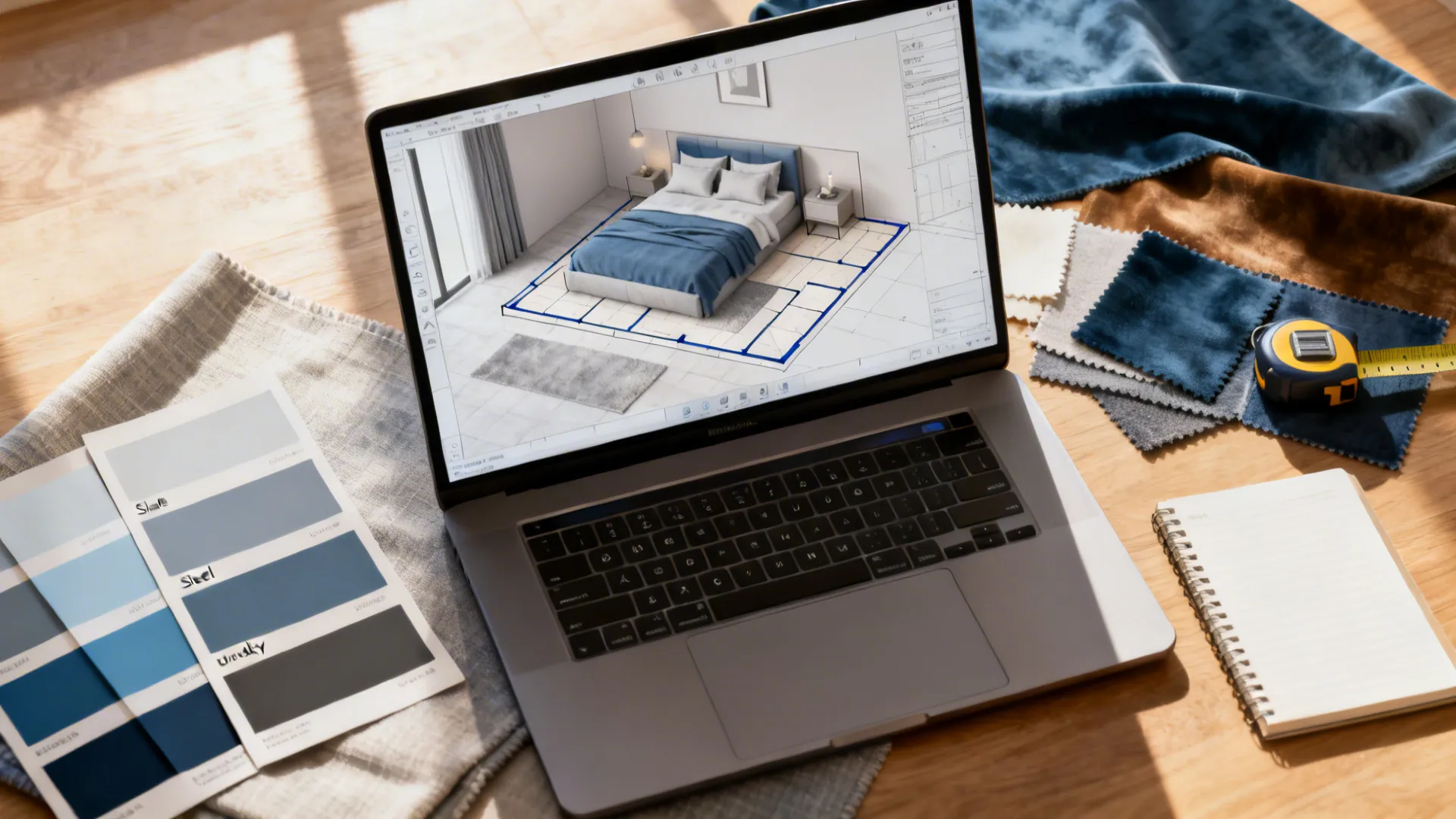 Top-down view of a bedroom planning scene with paint swatches, fabric samples, and a 3D floor planner on a laptop.