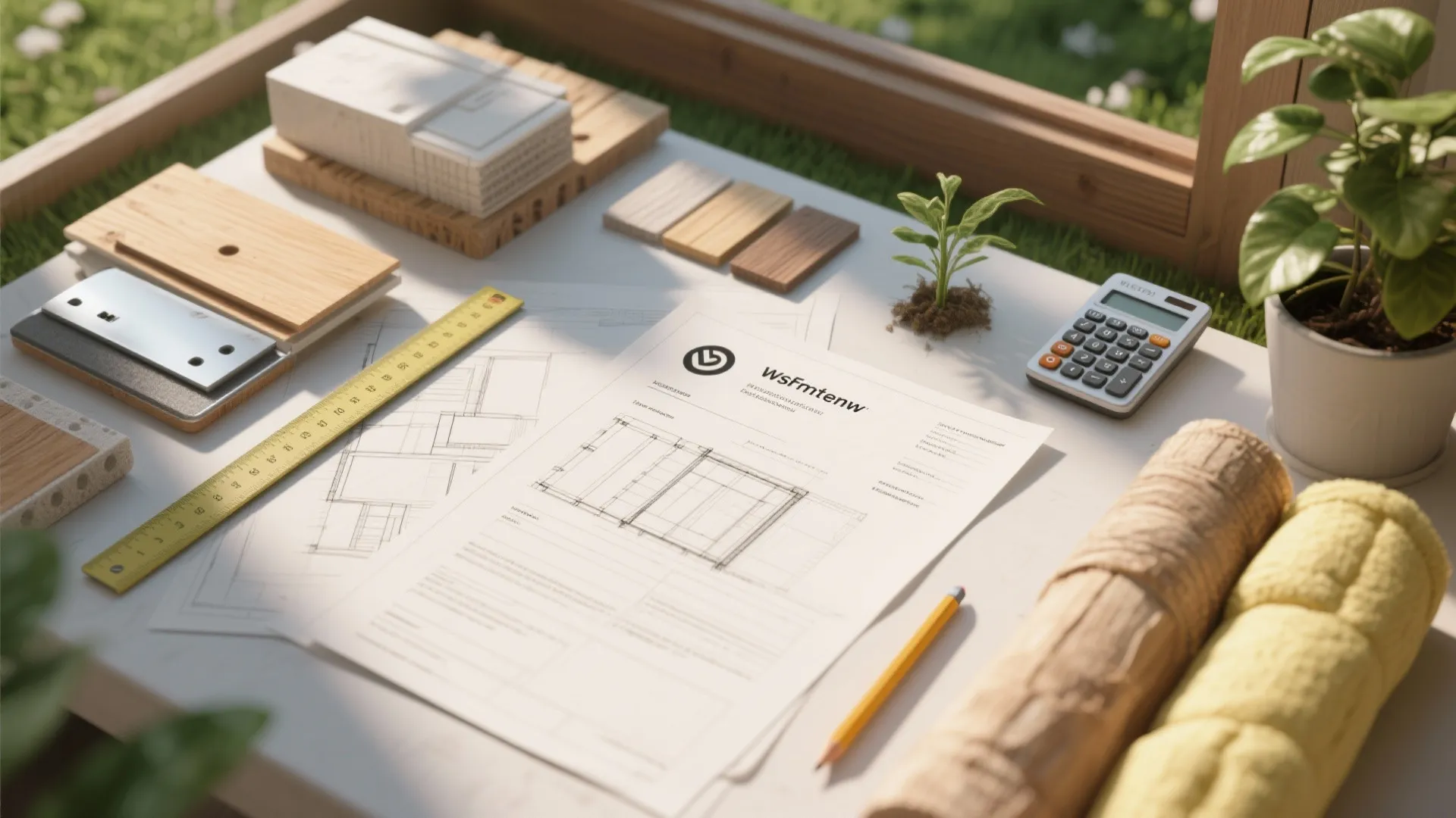 Top-down flatlay of garden room planning tools: drawings, tape measure, samples, and calculator.