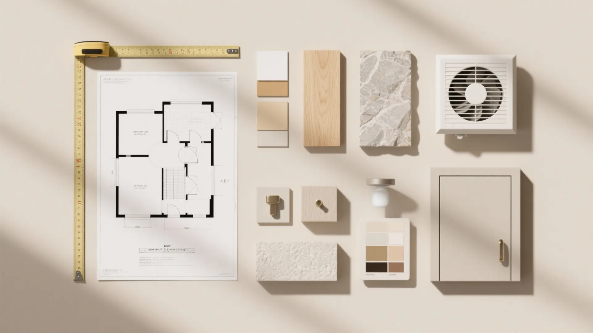 Interior design drawing with yellow tape measure, color samples, wood planks, stone tiles, and fan