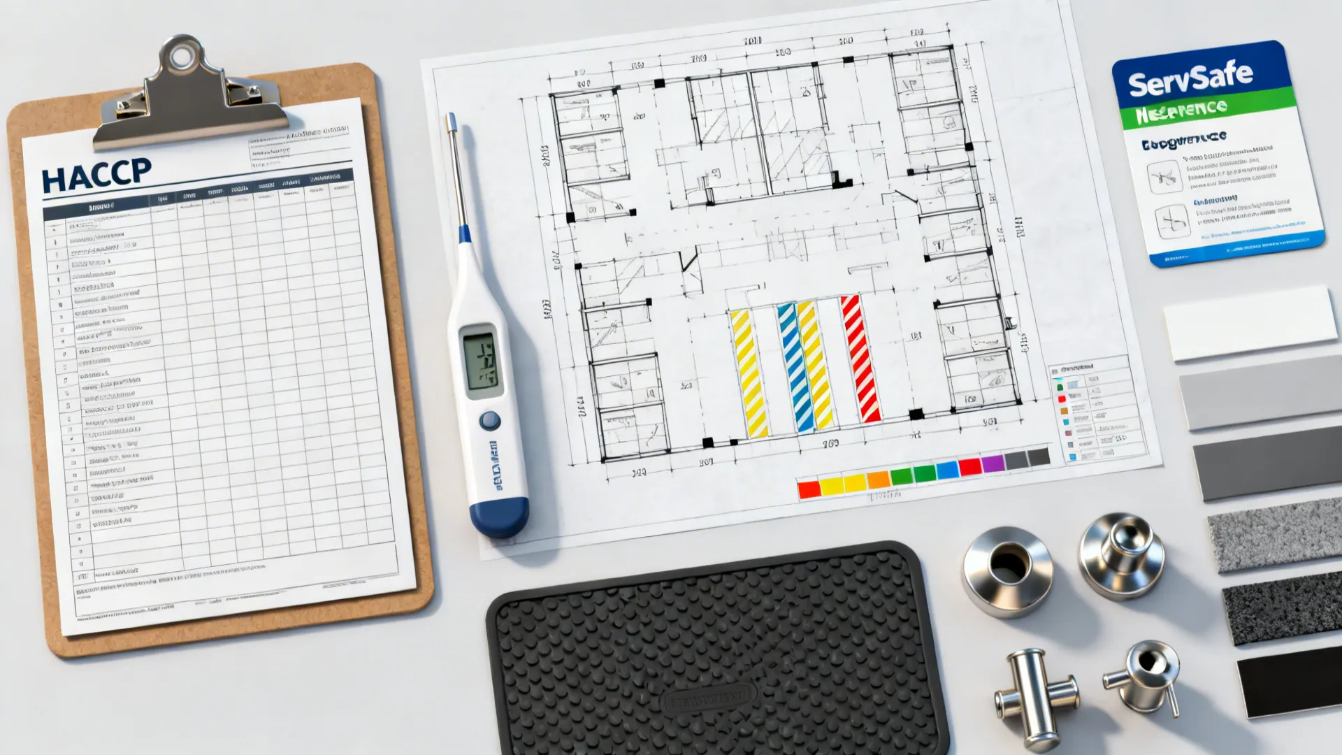 Kitchen design tools showing floor plan drawing clipboard with checklist thermometer and metal material samples