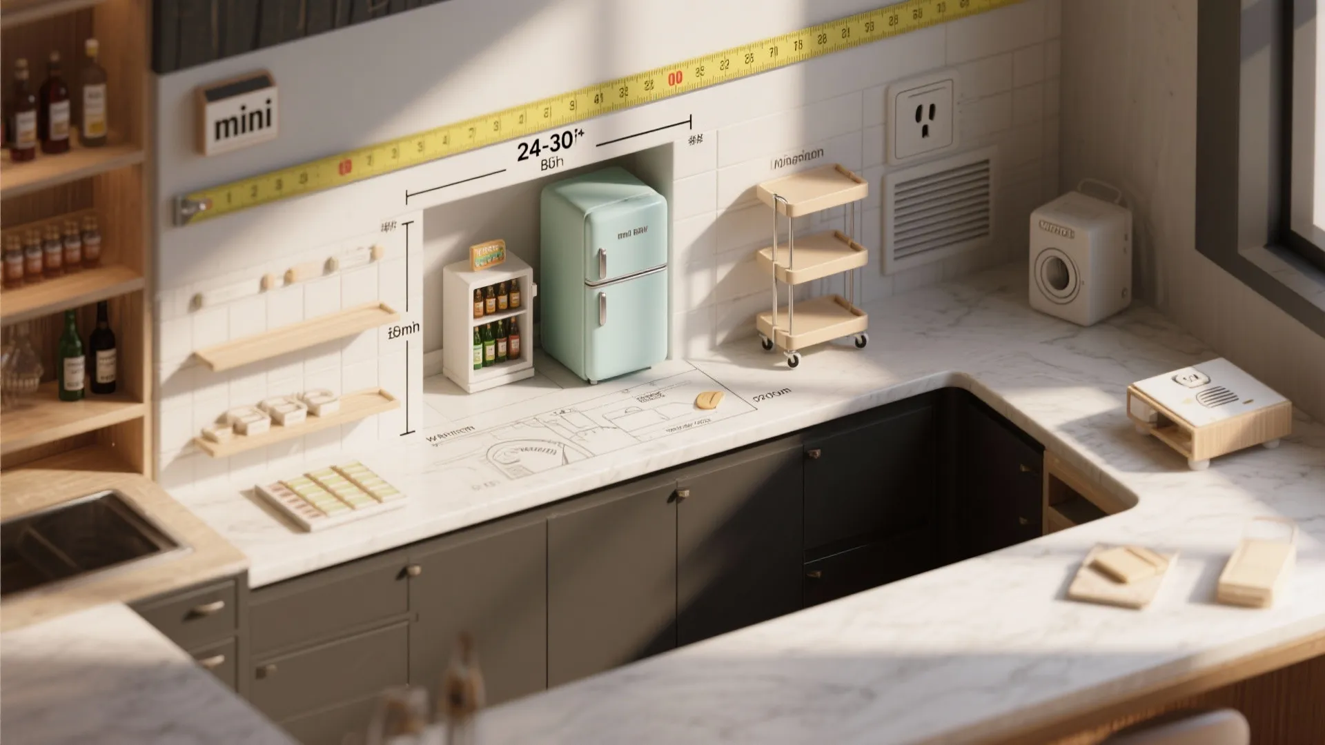 Top-down planning mockup showing measurements, mini fridge model and shelving layouts for a mini bar
