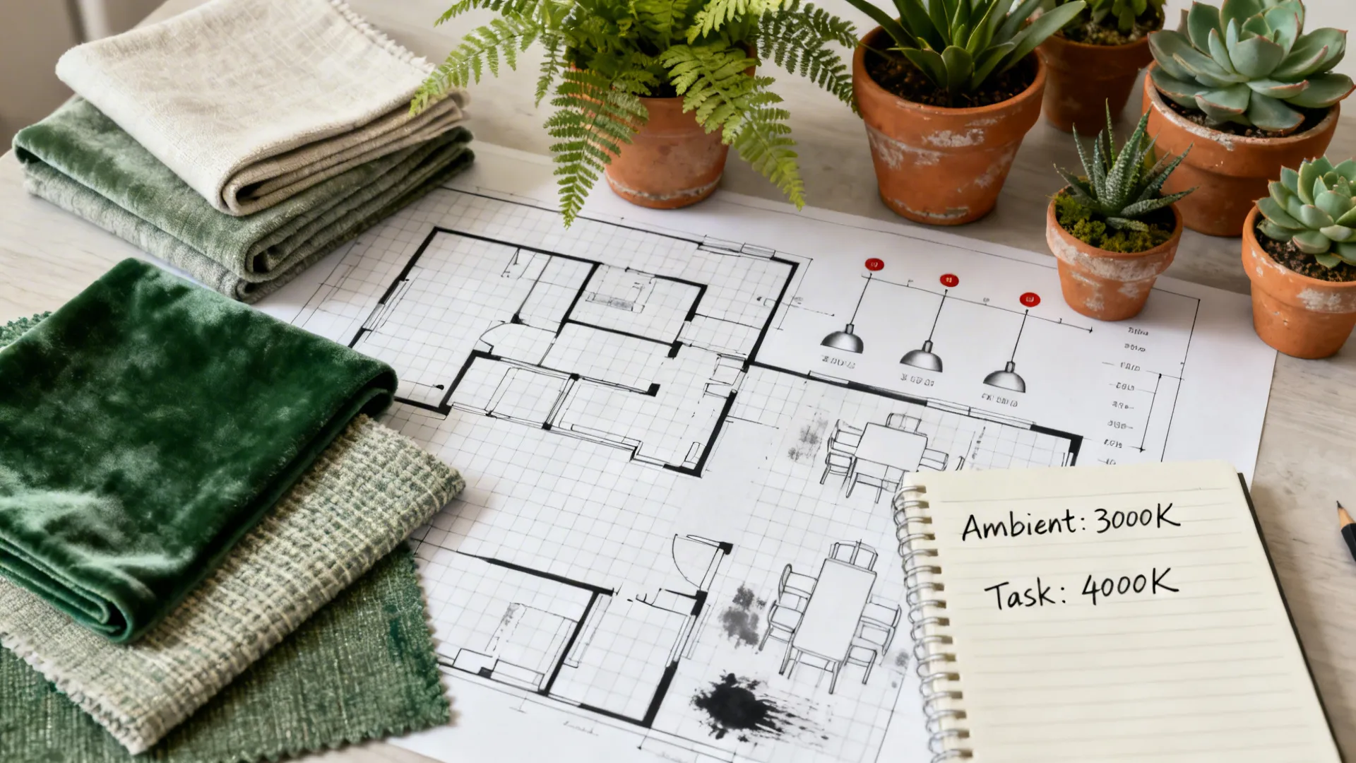 Top-down view of a designer's planning setup with floor planner, fabric samples and lighting diagrams for dining table layouts.