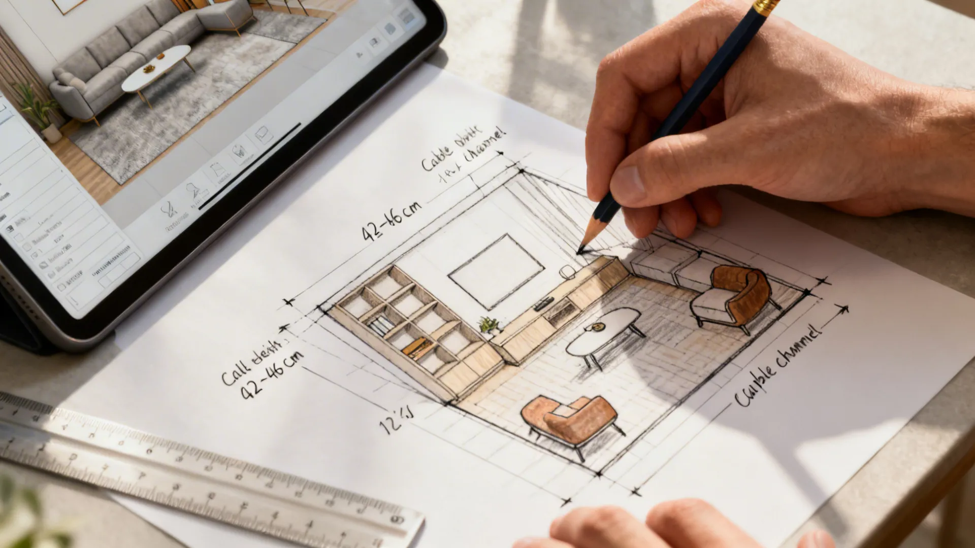 Hand drawing living room interior design layout on paper beside tablet showing Coohom 3D drawing